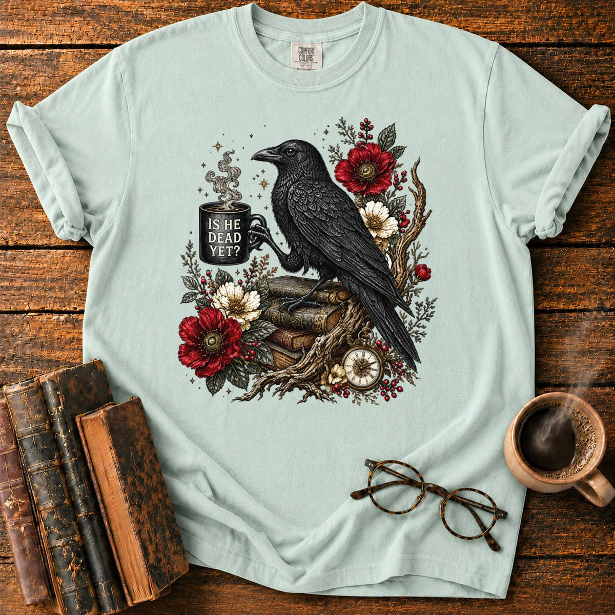 Raven, Mug And Old Books T-Shirt in Bay – BooksThreads