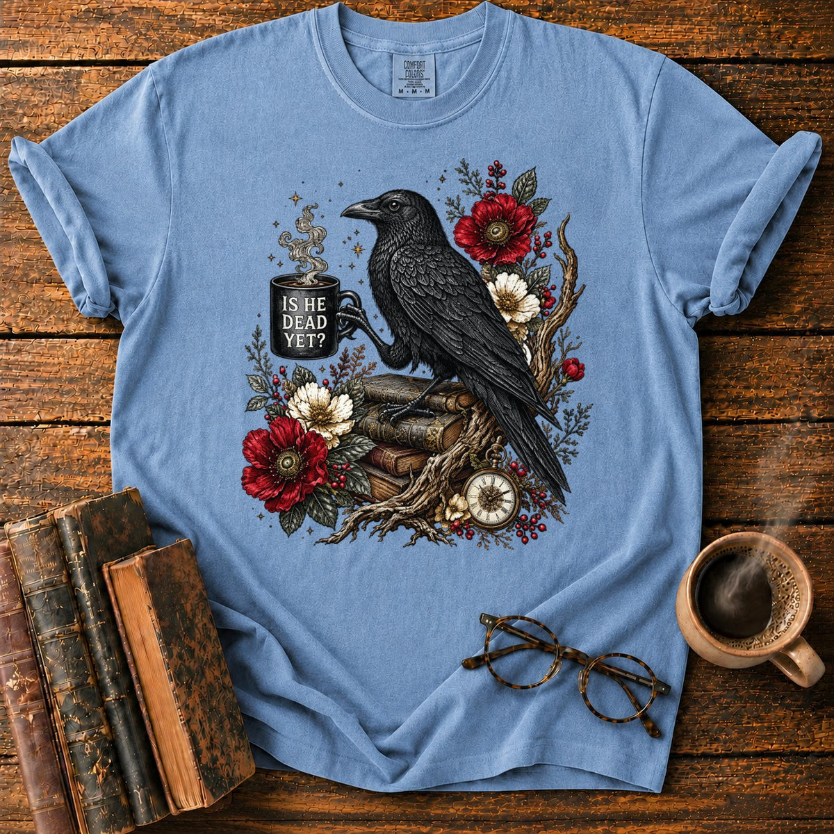 Raven, Mug And Old Books T-Shirt in Blue Jean – BooksThreads