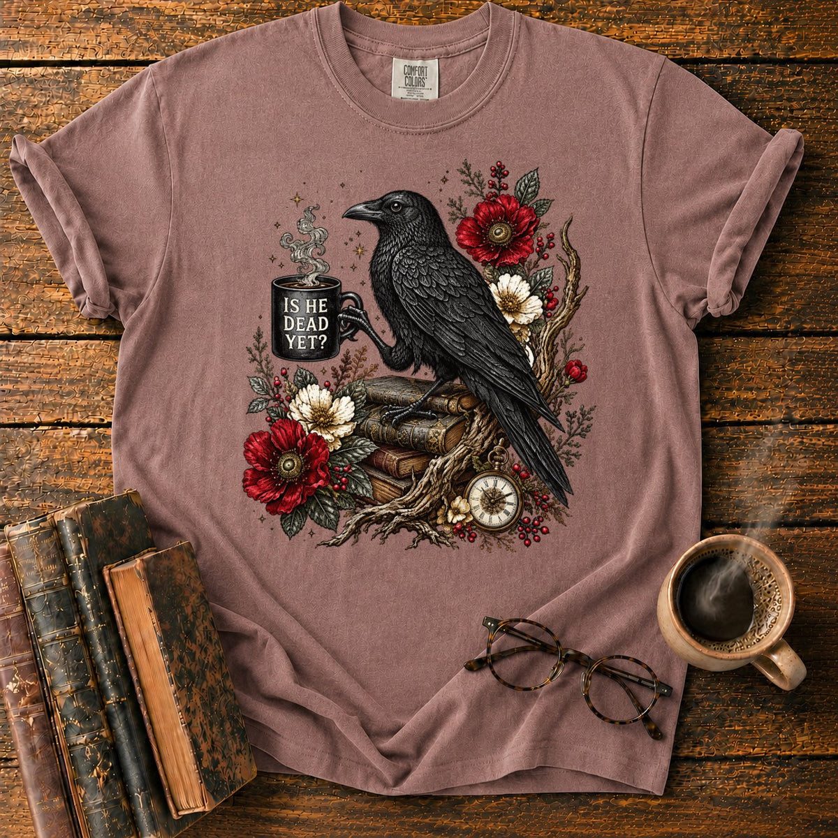 Raven, Mug And Old Books T-Shirt in Espresso – BooksThreads