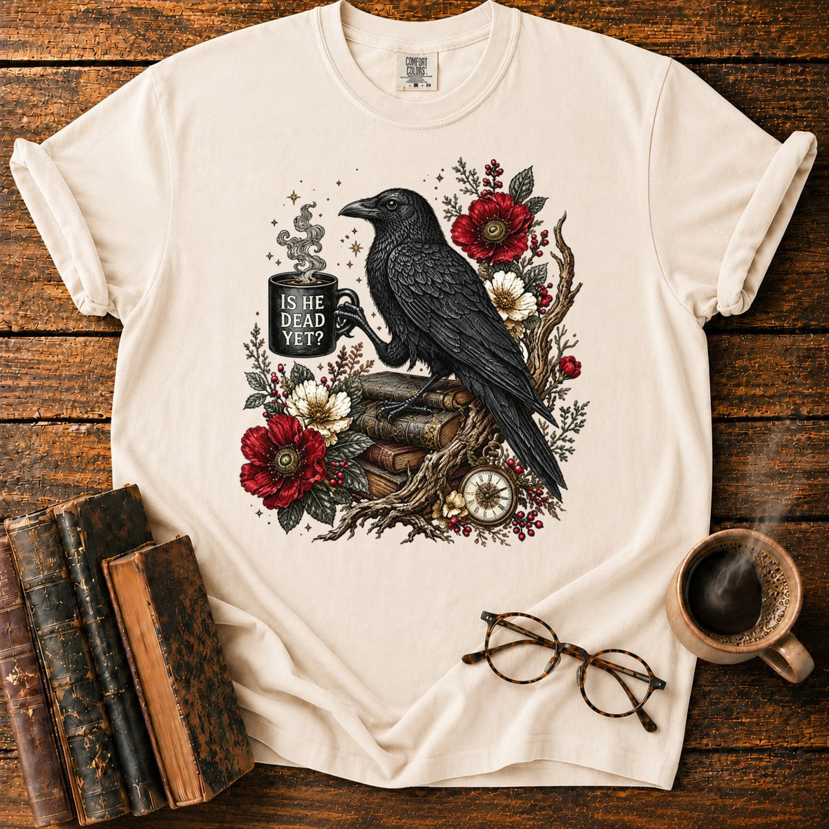 Raven, Mug And Old Books T-Shirt in Ivory – BooksThreads