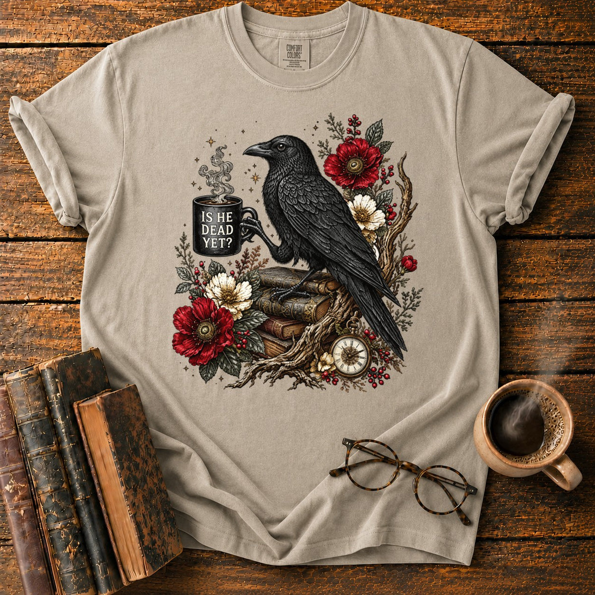 Raven, Mug And Old Books T-Shirt in Khaki – BooksThreads