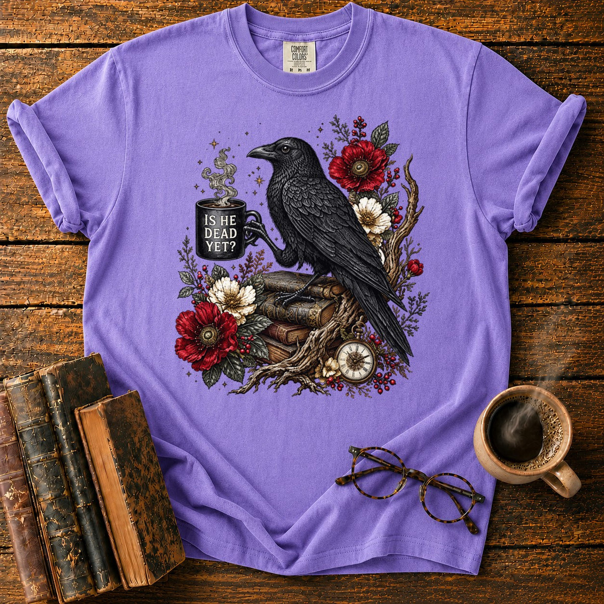 Raven, Mug And Old Books T-Shirt in Violet – BooksThreads