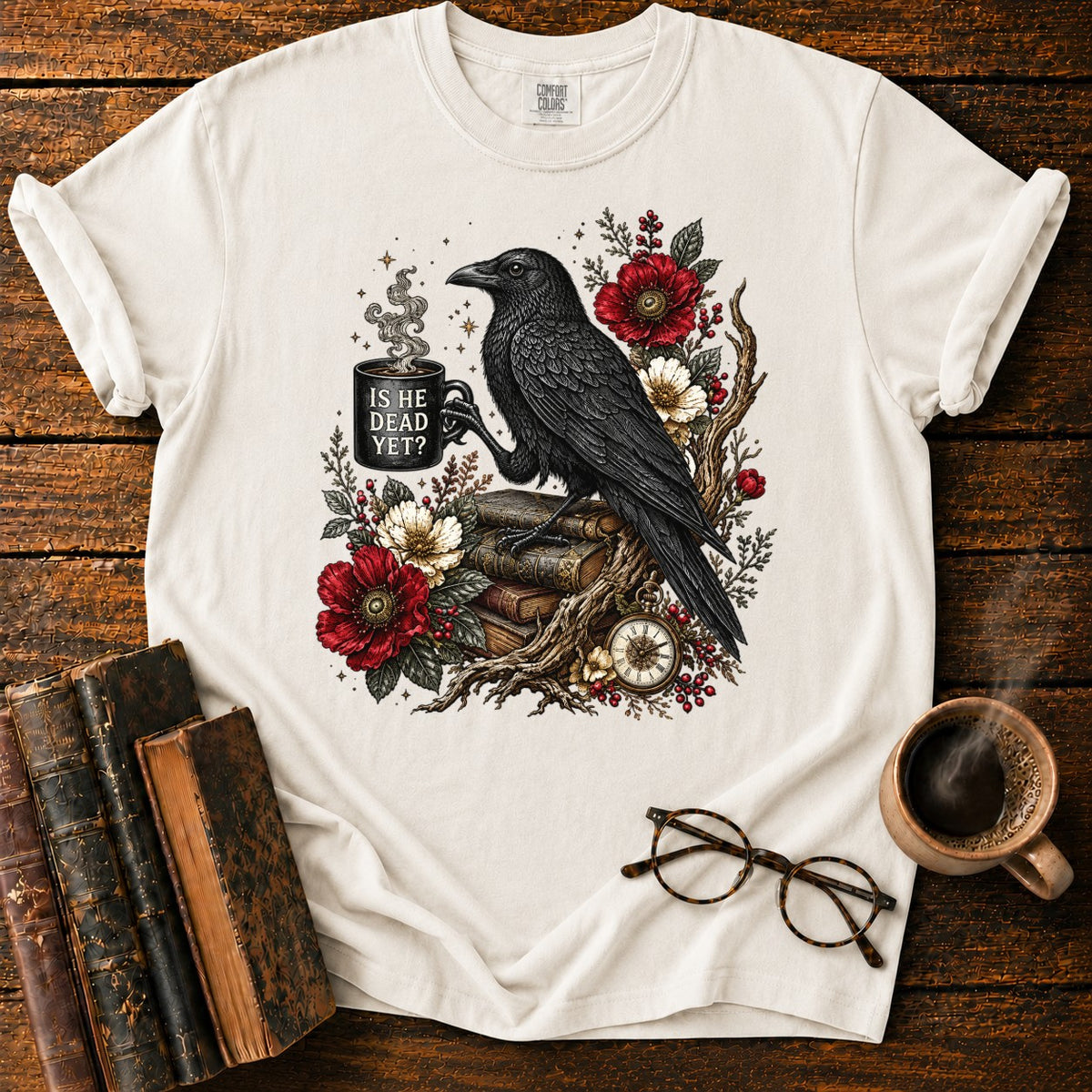 Raven, Mug And Old Books T-Shirt in White – BooksThreads