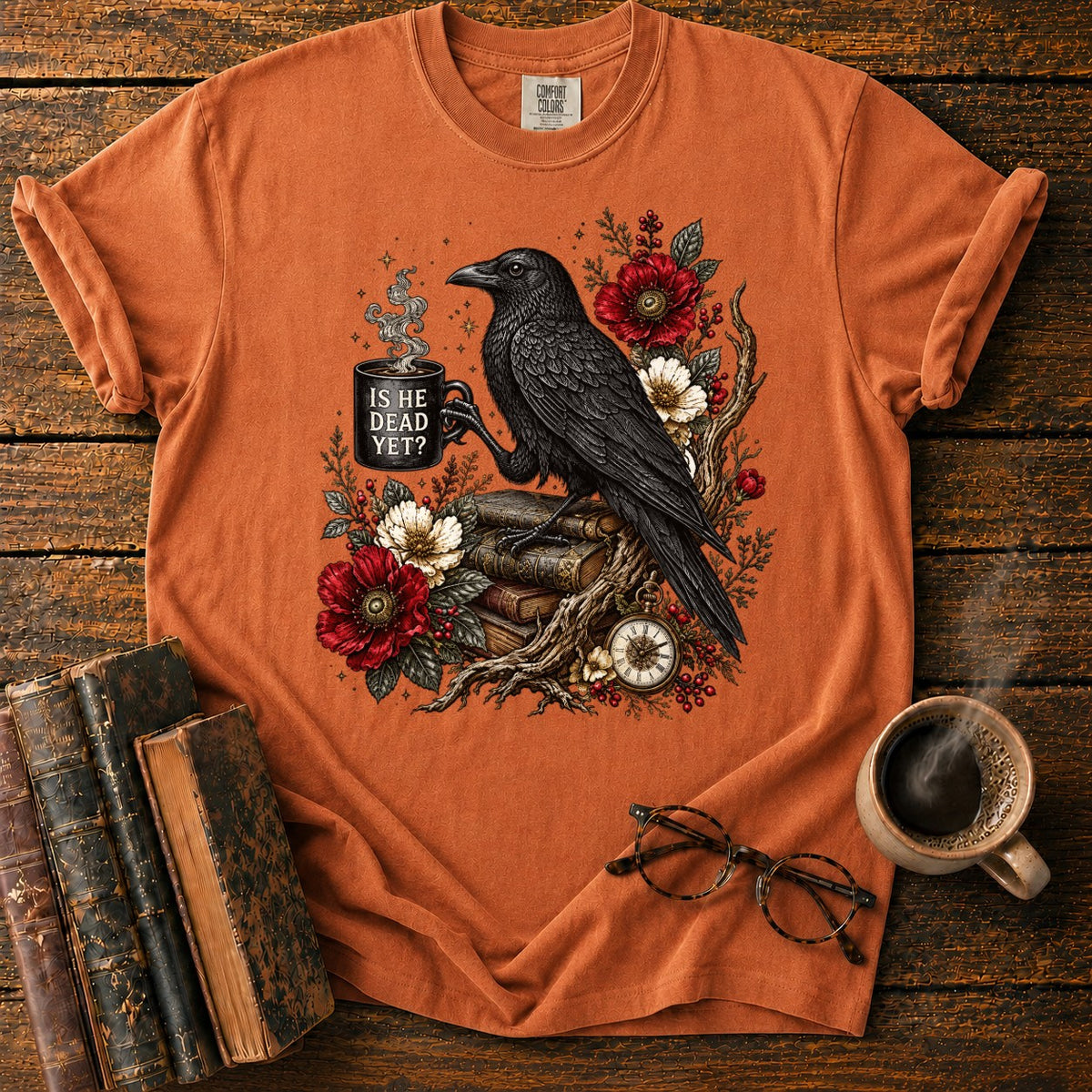 Raven, Mug And Old Books T-Shirt in Yam – BooksThreads