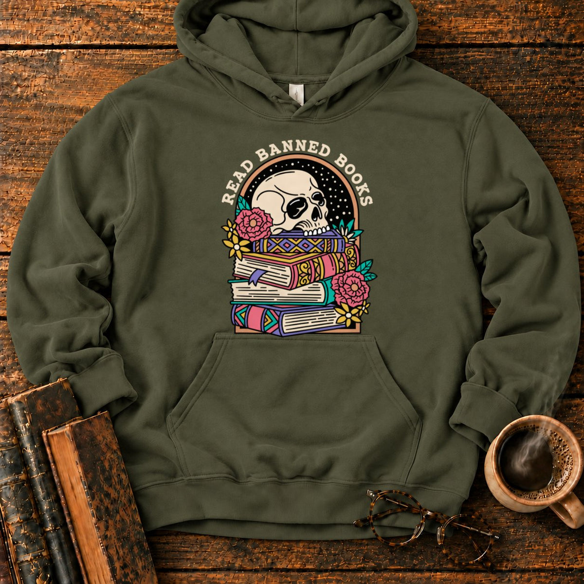 Read Banned Books Floral Hoodie in Military Green – BooksThreads