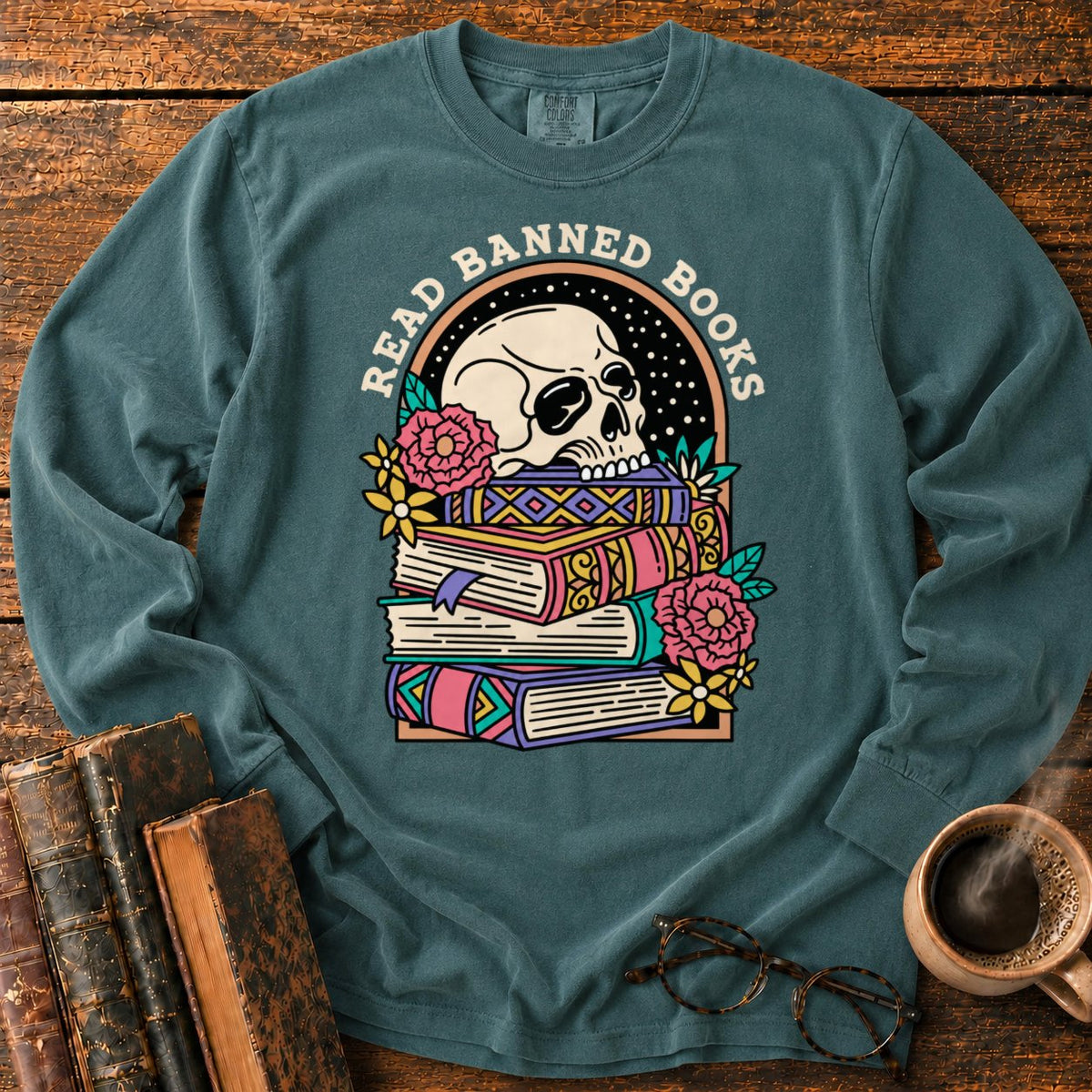 Read Banned Books Floral LS T-Shirt in Blue Spruce – BooksThreads