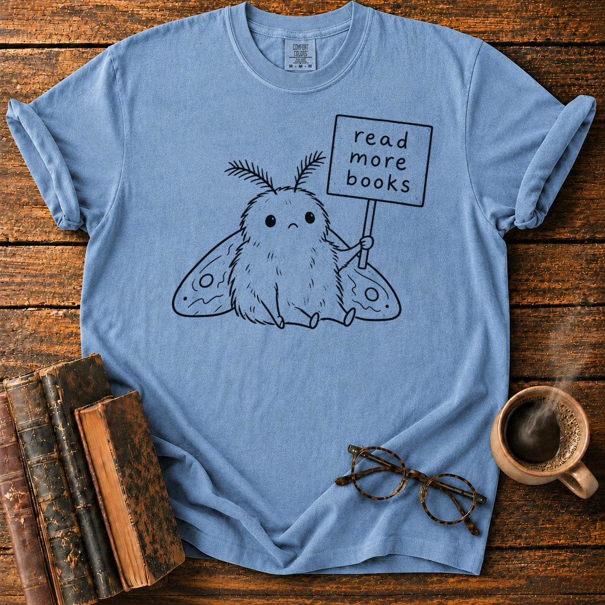 Read More Books Moth Lineart T-Shirt in Blue Jean – BooksThreads