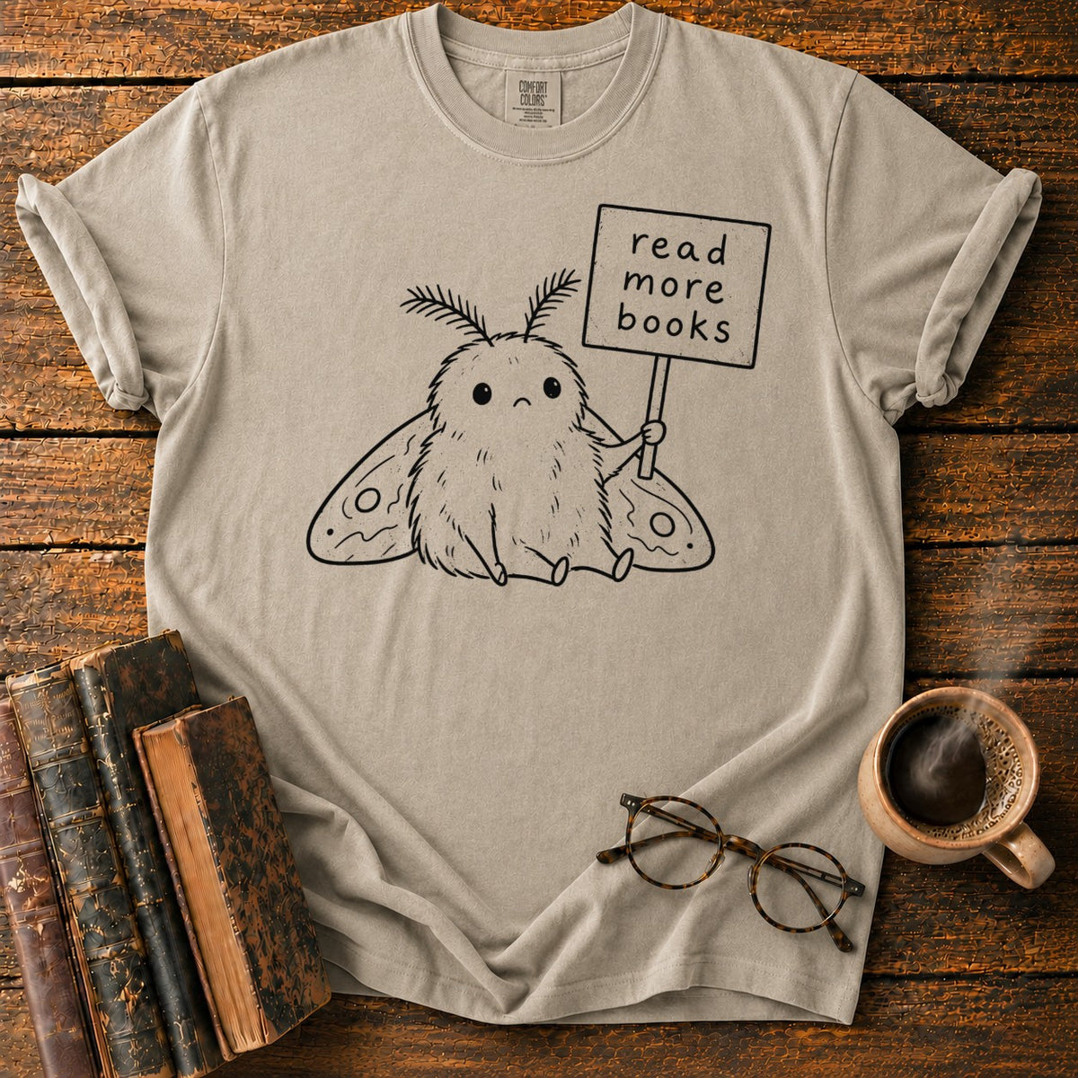 Read More Books Moth Lineart T-Shirt in Khaki – BooksThreads