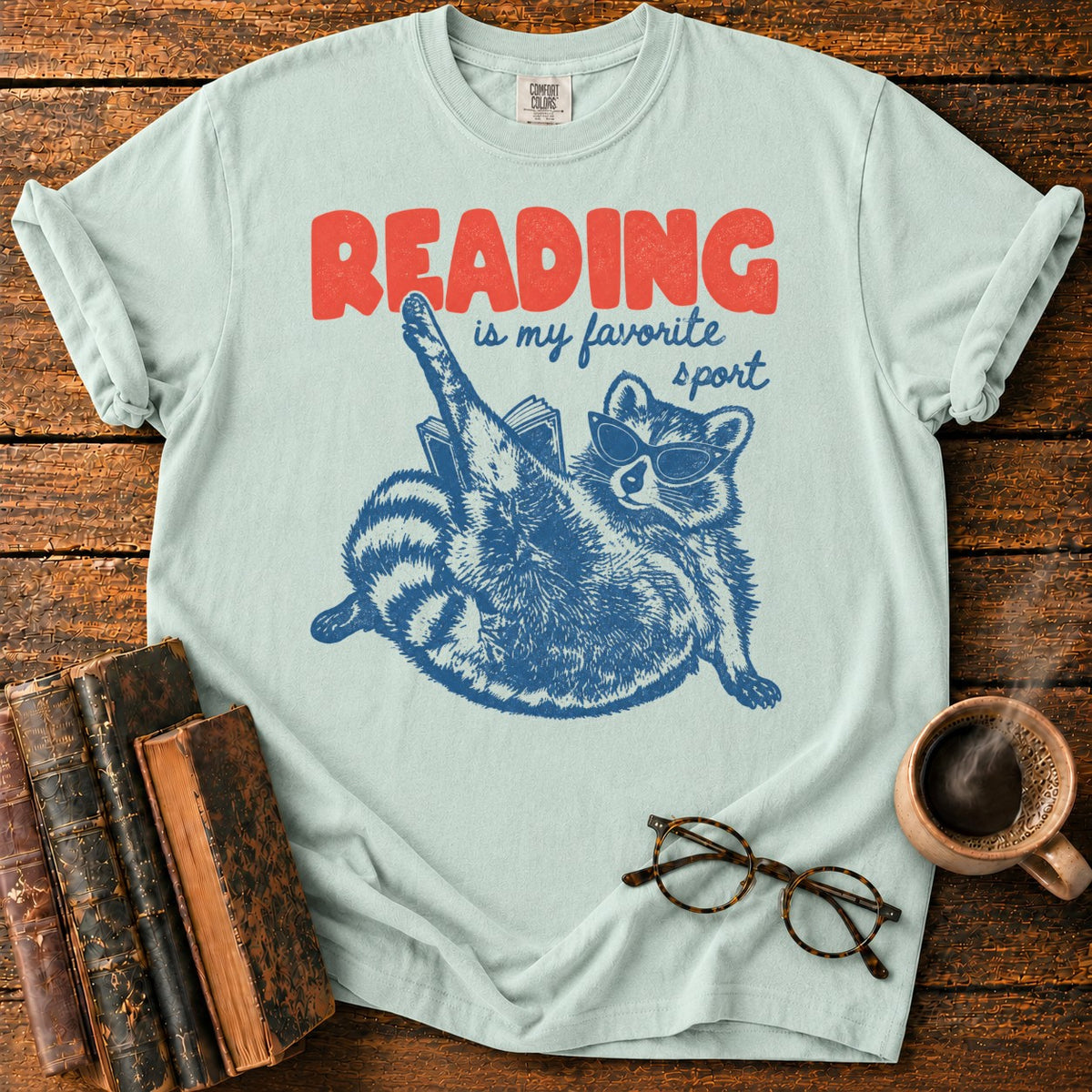Reading Is My Favorite Sport Raccoon T-Shirt in Bay – BooksThreads