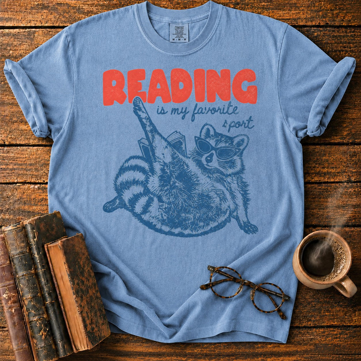 Reading Is My Favorite Sport Raccoon T-Shirt in Blue Jean – BooksThreads