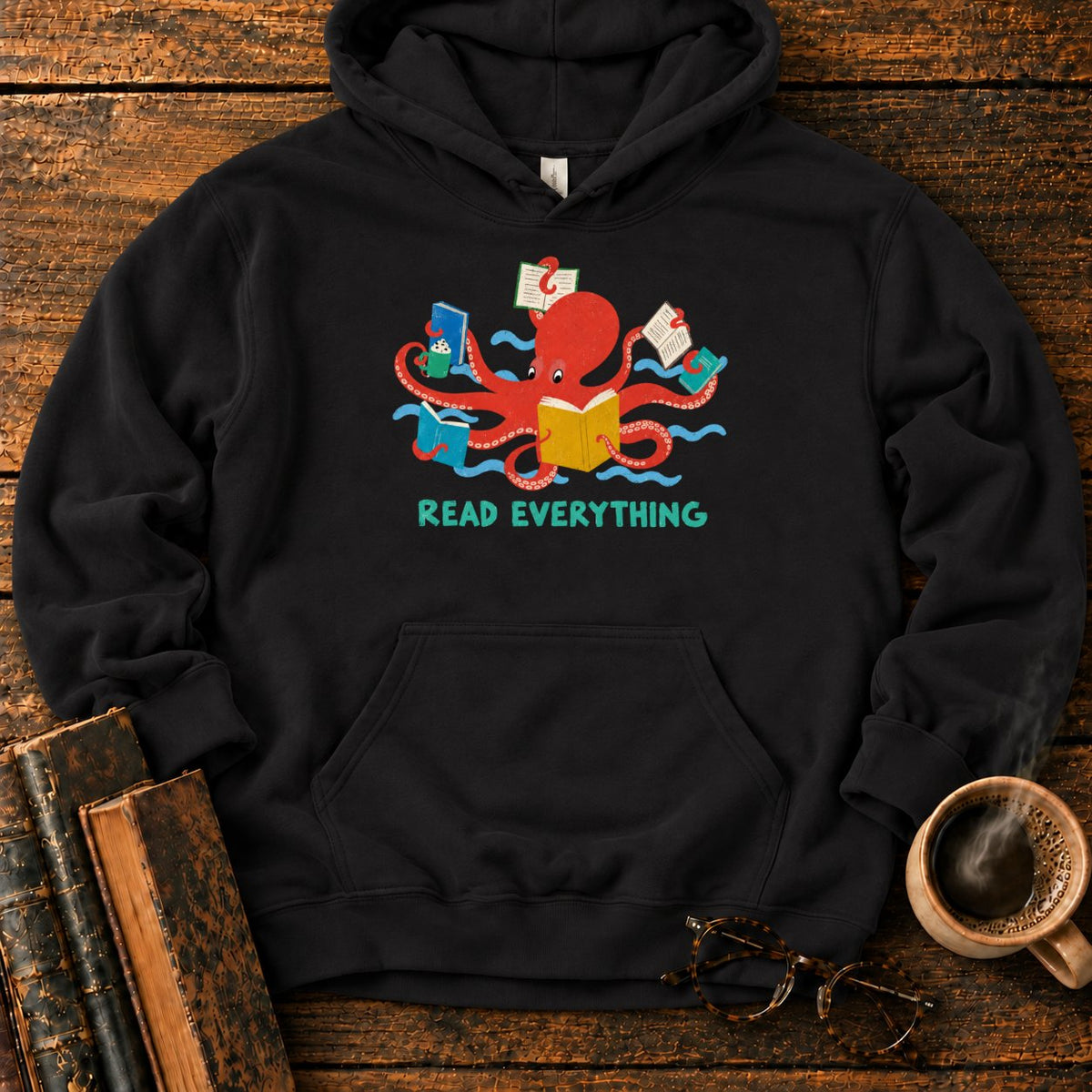 Red Octopus Reading With Books And Coffee Hoodie in Black – BooksThreads