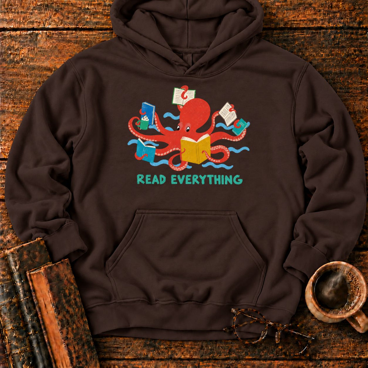 Red Octopus Reading With Books And Coffee Hoodie in Dark Chocolate – BooksThreads