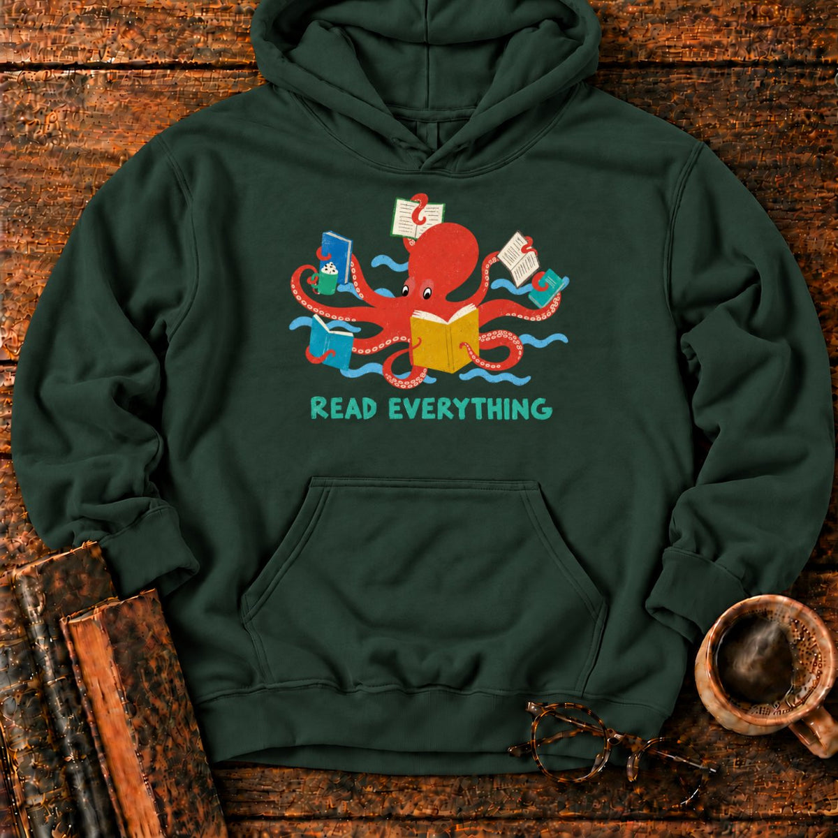 Red Octopus Reading With Books And Coffee Hoodie in Forest Green – BooksThreads