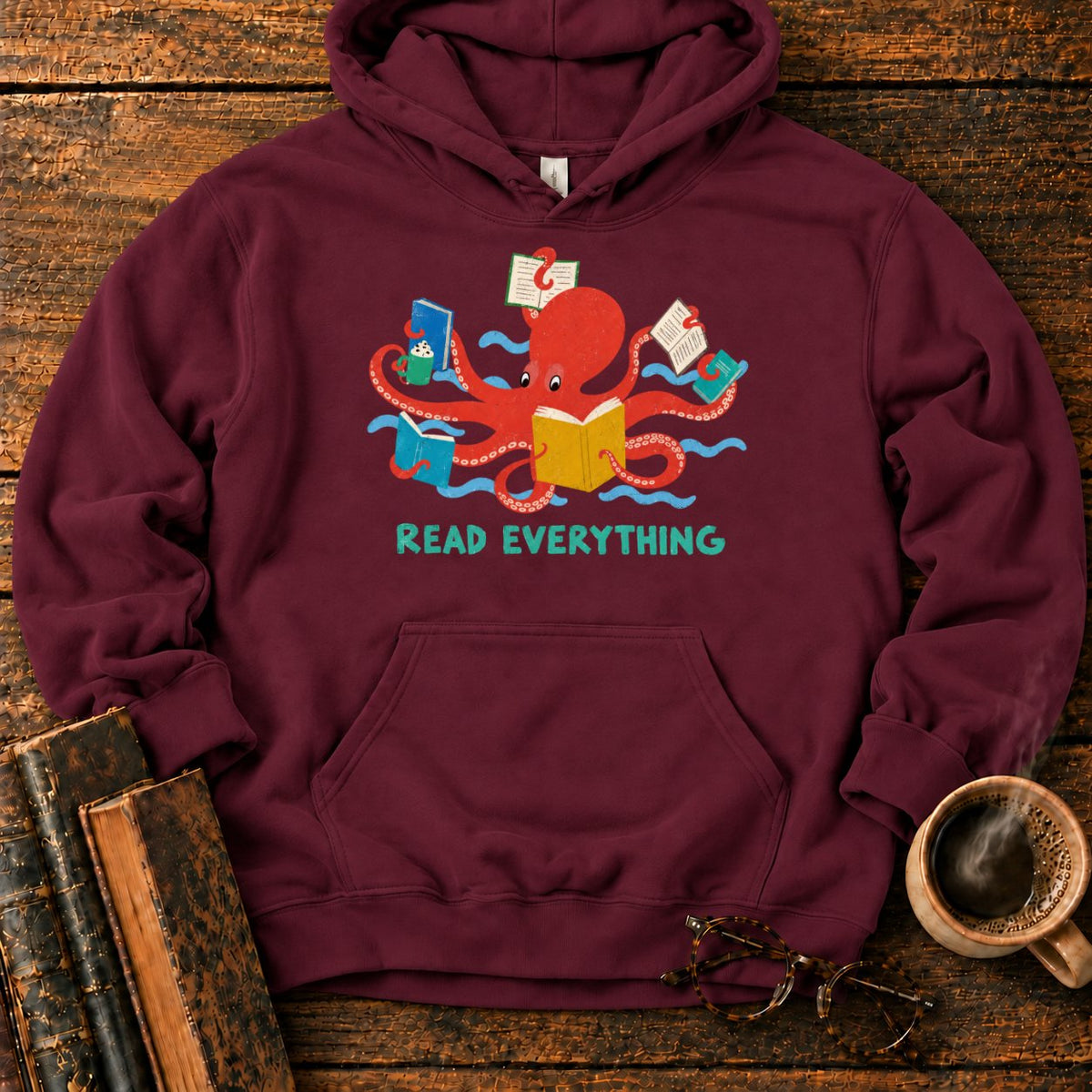 Red Octopus Reading With Books And Coffee Hoodie in Maroon – BooksThreads