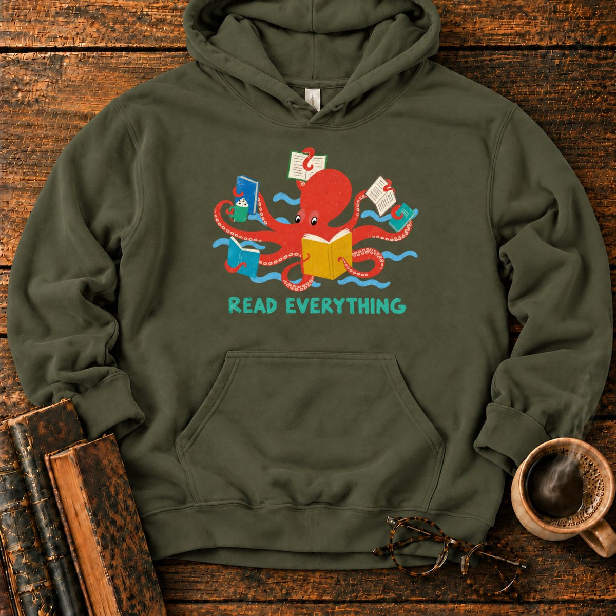 Red Octopus Reading With Books And Coffee Hoodie in Military Green – BooksThreads