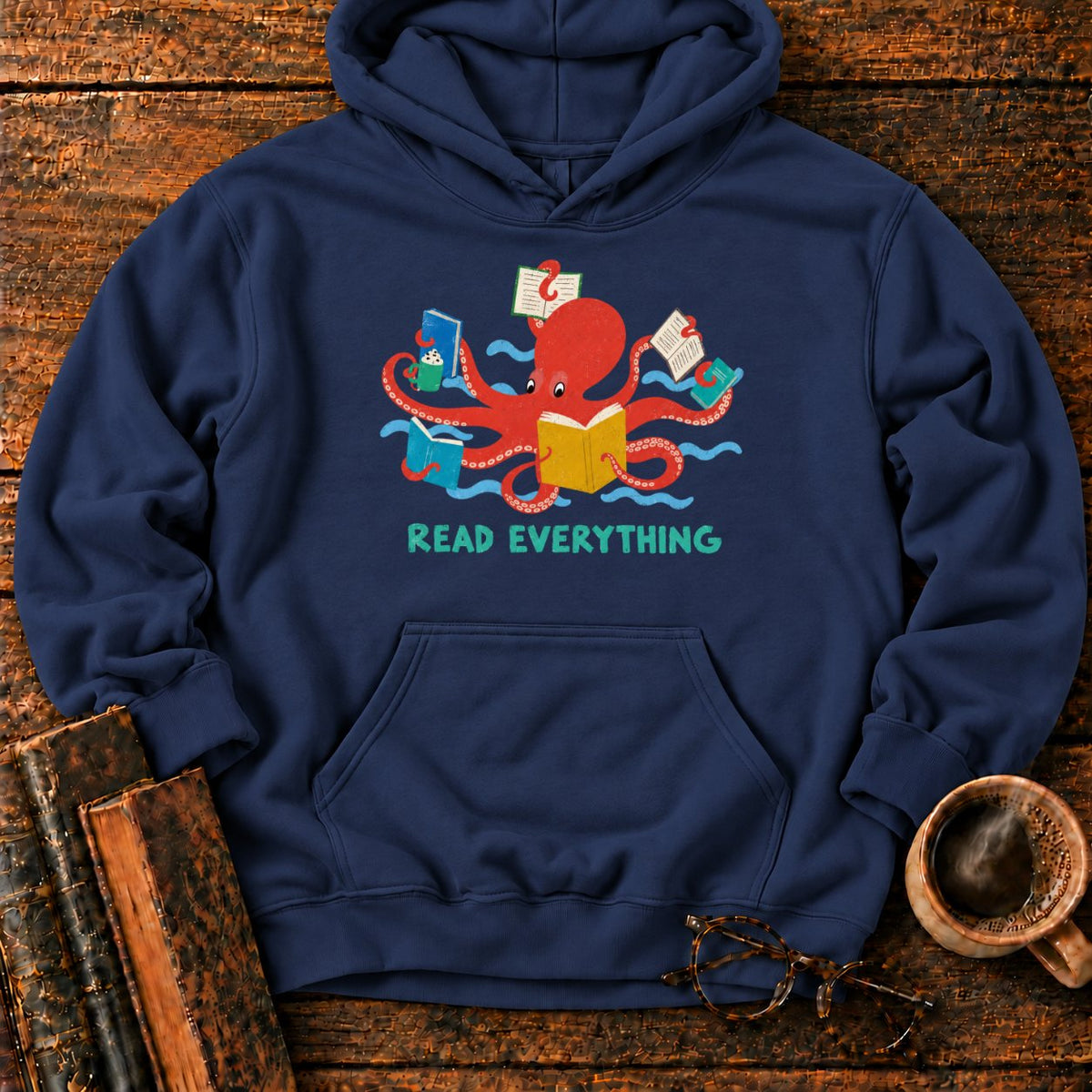 Red Octopus Reading With Books And Coffee Hoodie in Navy – BooksThreads