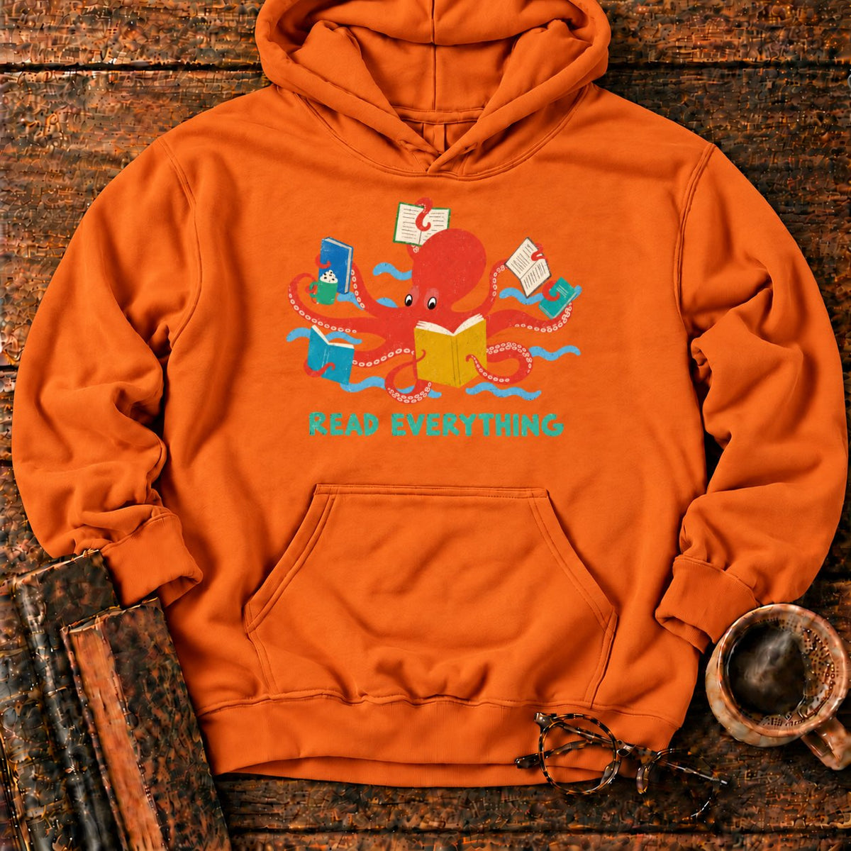 Red Octopus Reading With Books And Coffee Hoodie in Orange – BooksThreads