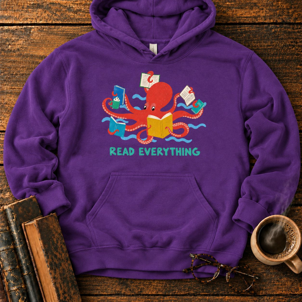 Red Octopus Reading With Books And Coffee Hoodie in Purple – BooksThreads