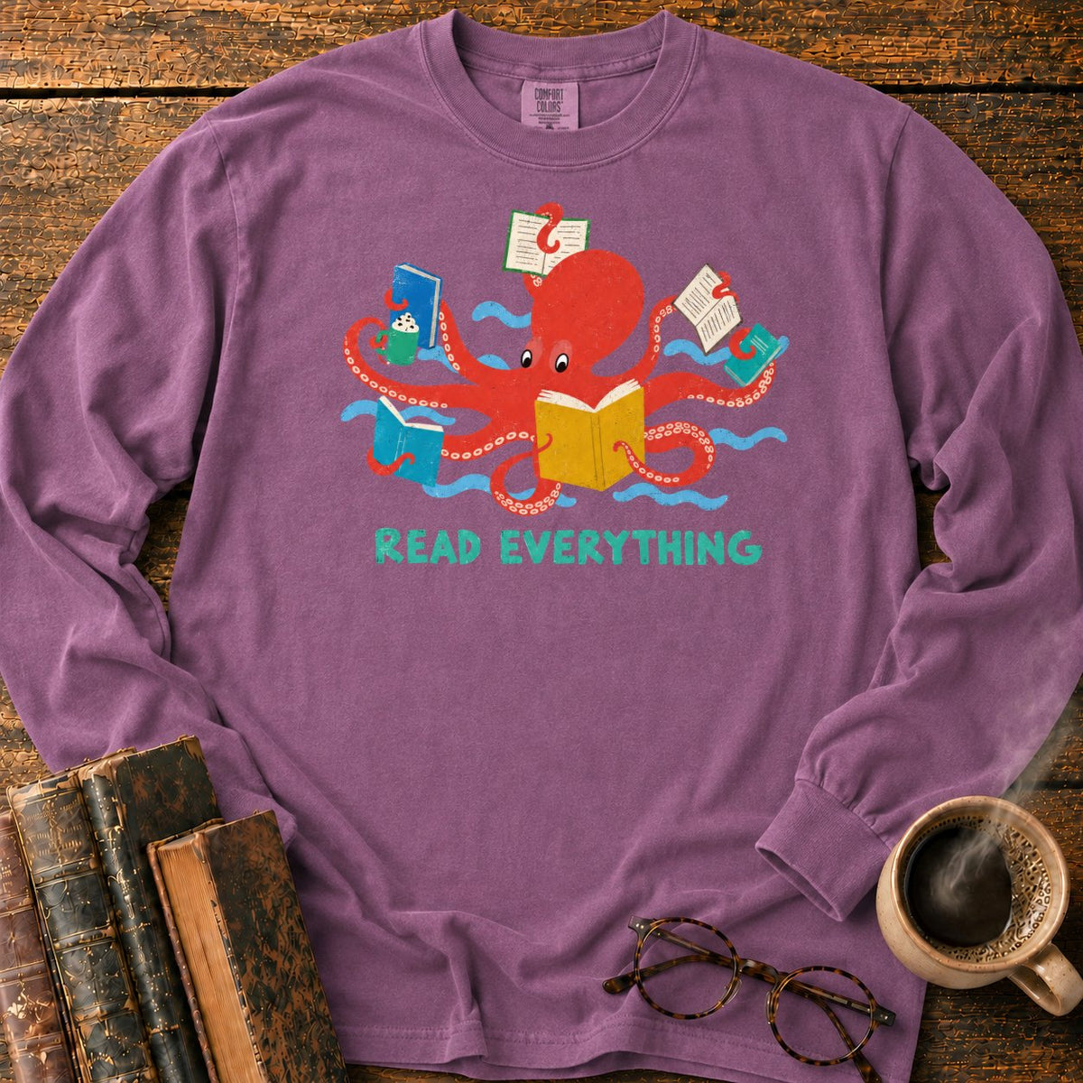 Red Octopus Reading With Books And Coffee LS T-Shirt in Berry – BooksThreads