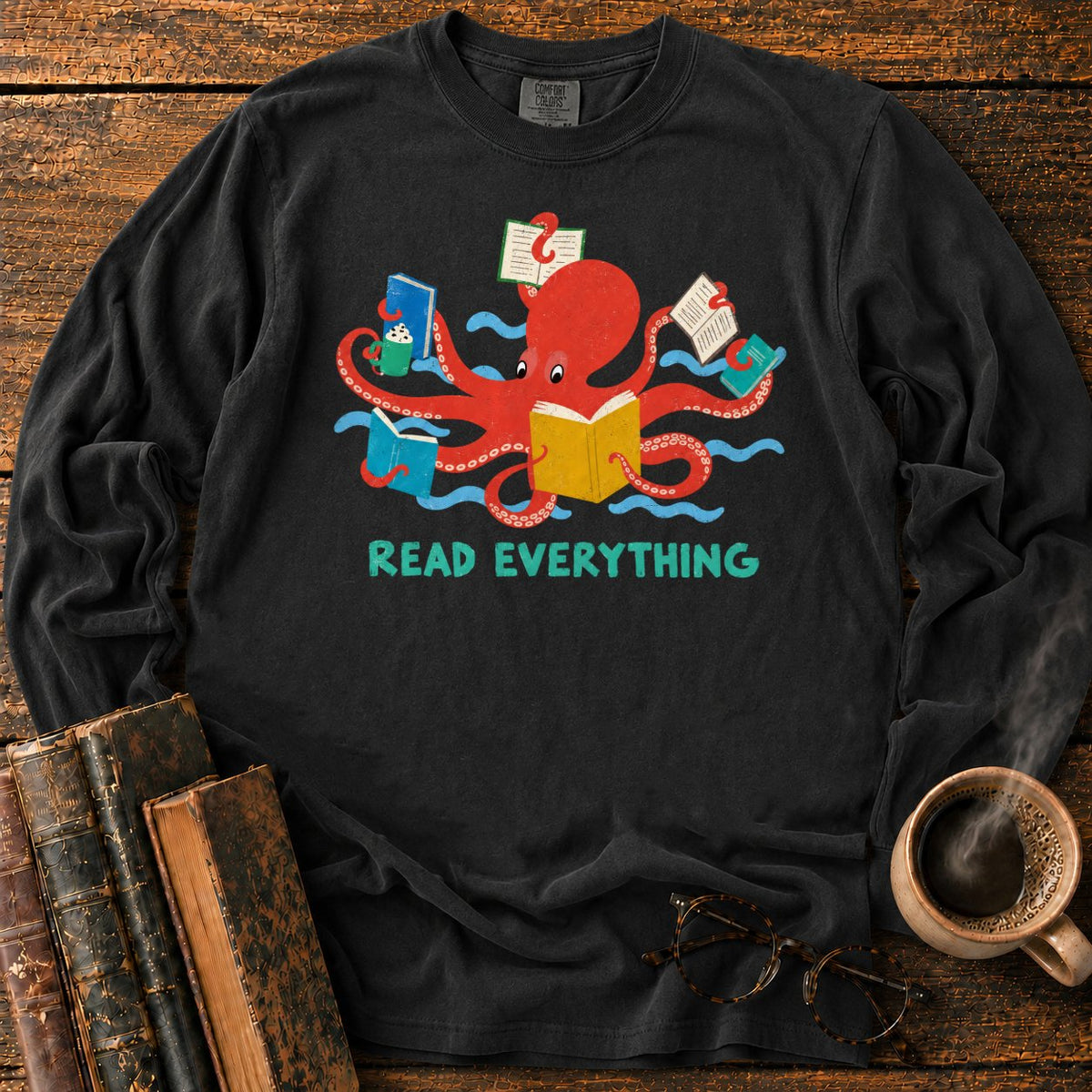 Red Octopus Reading With Books And Coffee LS T-Shirt in Black – BooksThreads