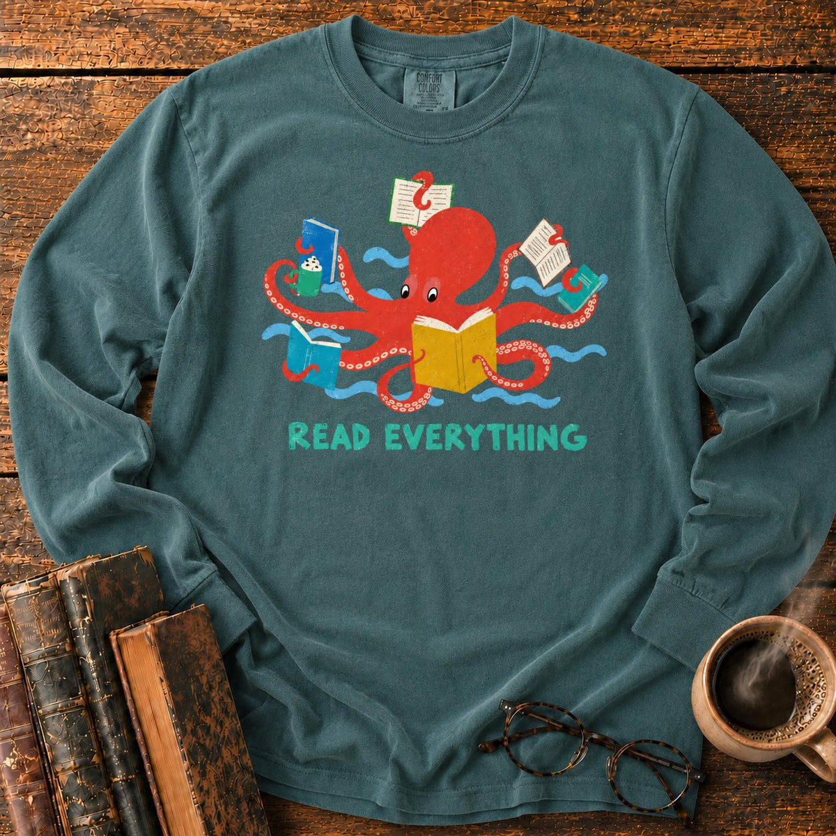 Red Octopus Reading With Books And Coffee LS T-Shirt in Blue Spruce – BooksThreads