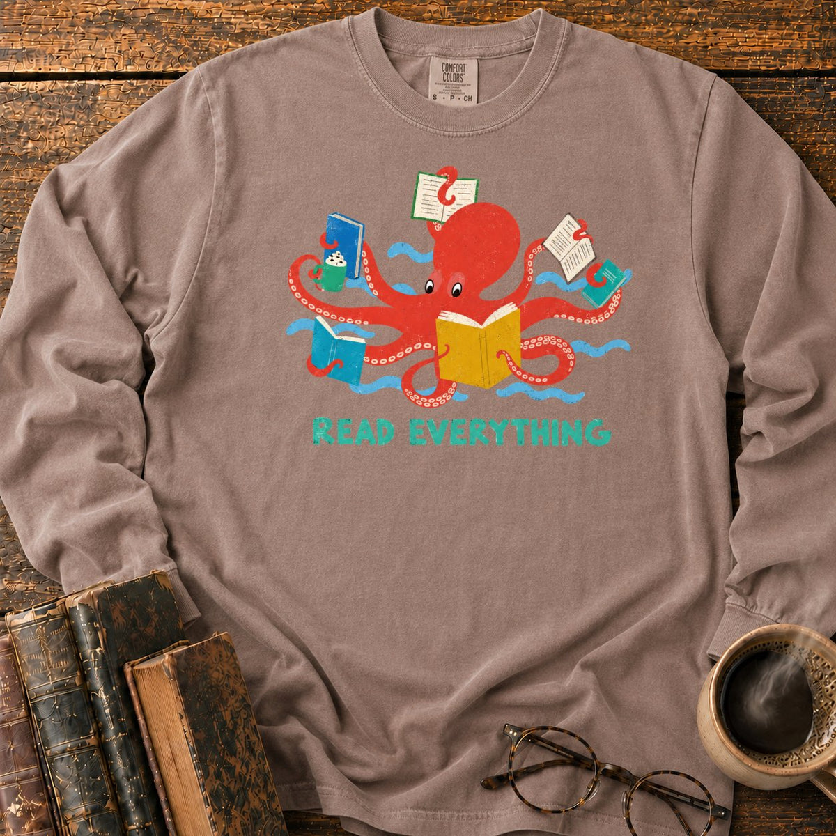 Red Octopus Reading With Books And Coffee LS T-Shirt in Espresso – BooksThreads