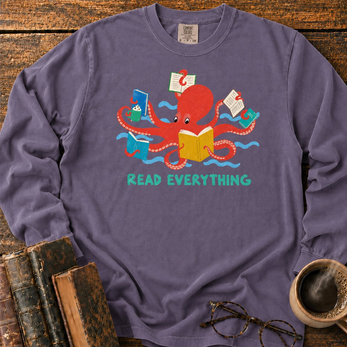 Red Octopus Reading With Books And Coffee LS T-Shirt in Grape – BooksThreads