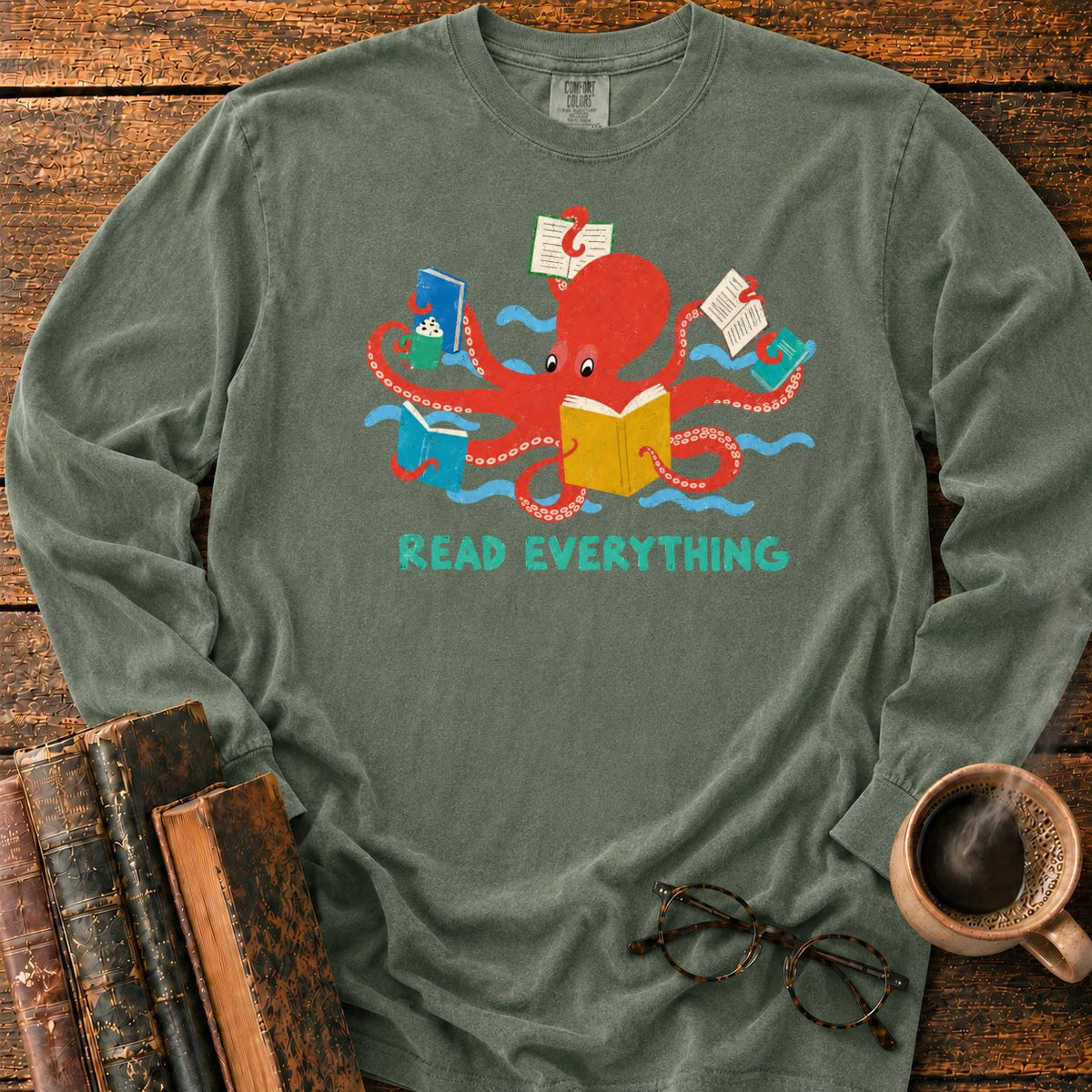 Red Octopus Reading With Books And Coffee LS T-Shirt in Hemp – BooksThreads