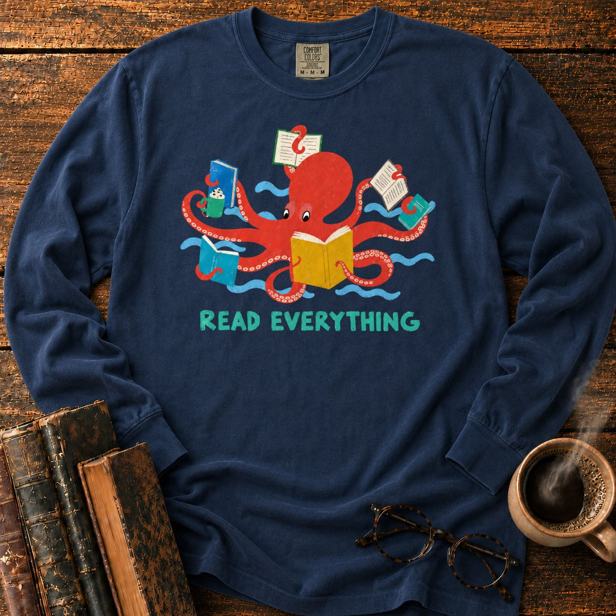 Red Octopus Reading With Books And Coffee LS T-Shirt in Midnight – BooksThreads
