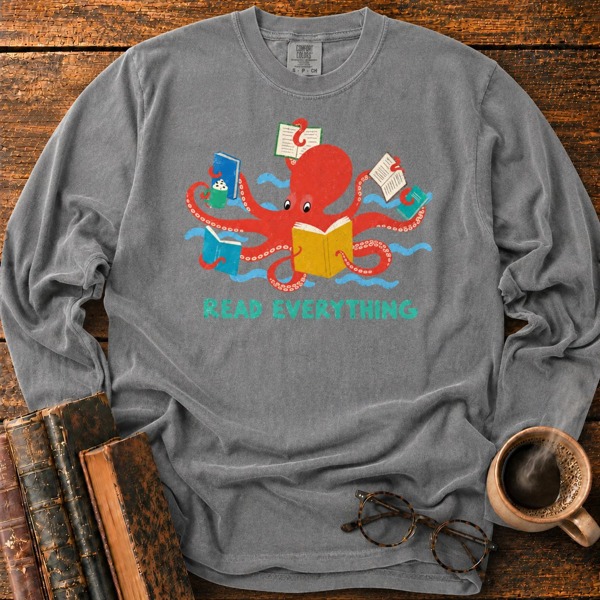 Red Octopus Reading With Books And Coffee LS T-Shirt in Pepper – BooksThreads