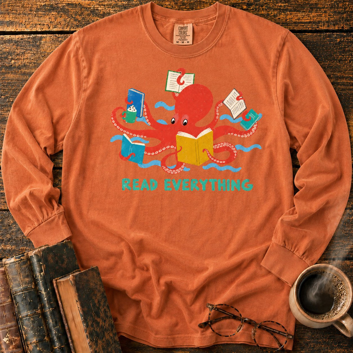 Red Octopus Reading With Books And Coffee LS T-Shirt in Yam – BooksThreads