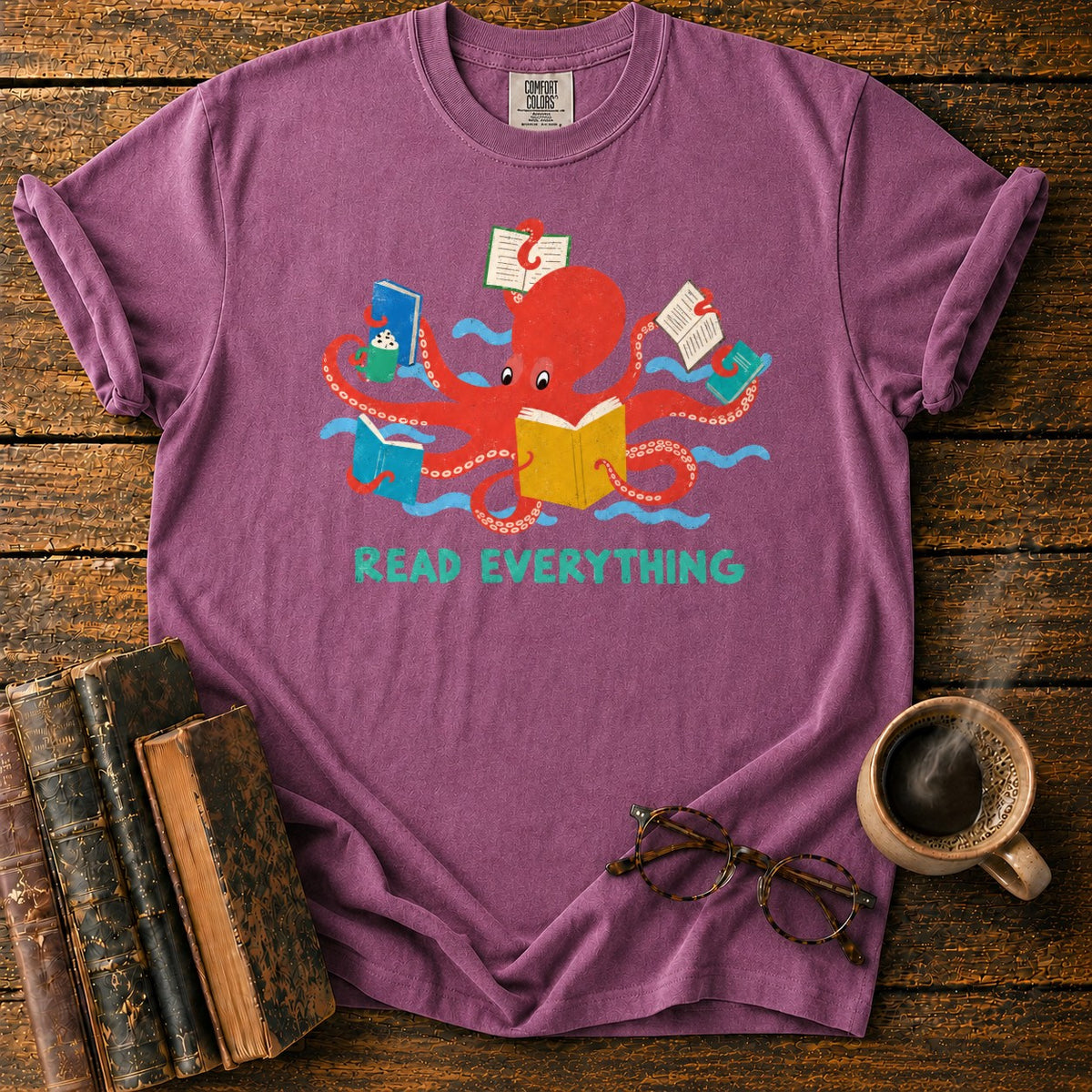 Red Octopus Reading With Books And Coffee T-Shirt in Berry – BooksThreads