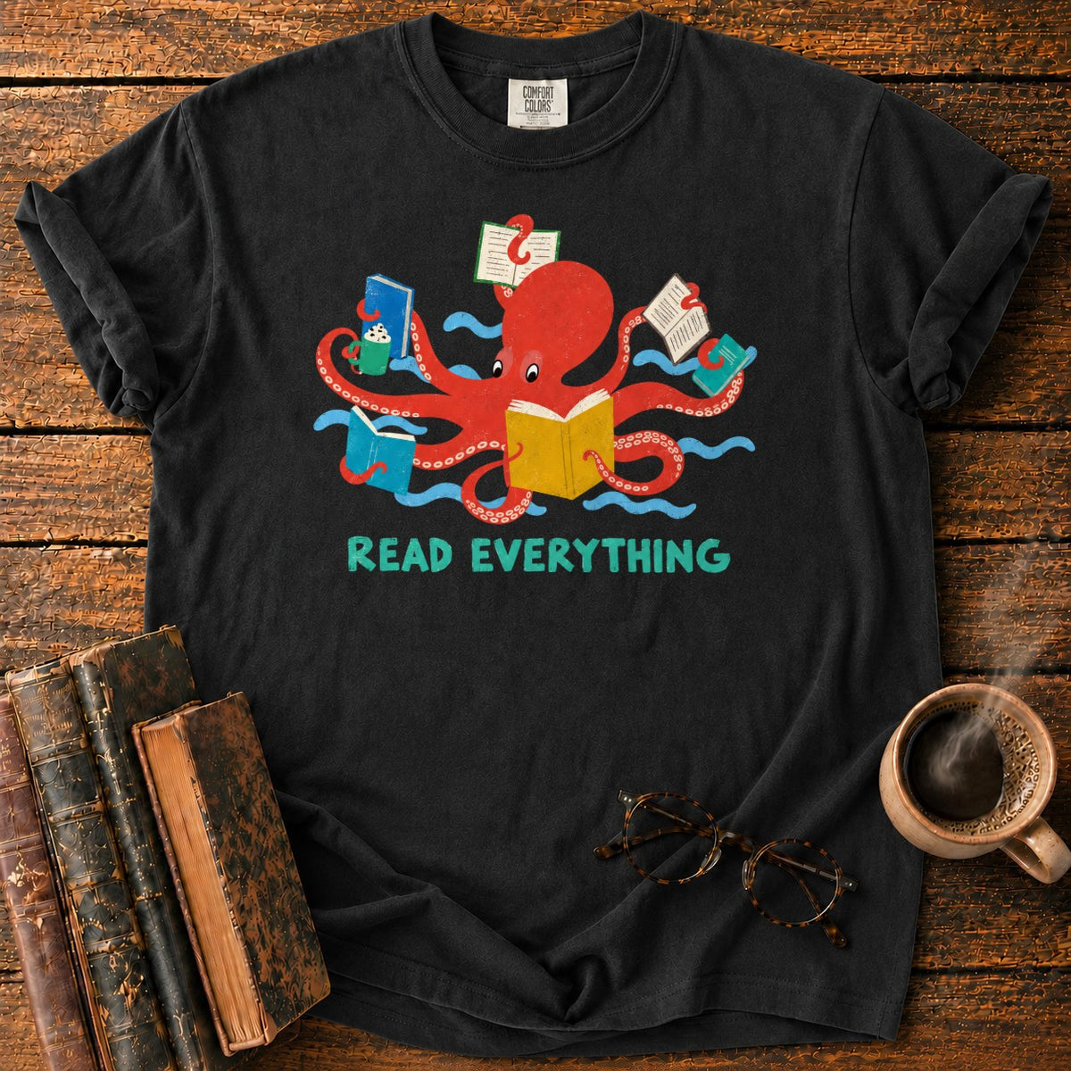 Red Octopus Reading With Books And Coffee T-Shirt in Black – BooksThreads