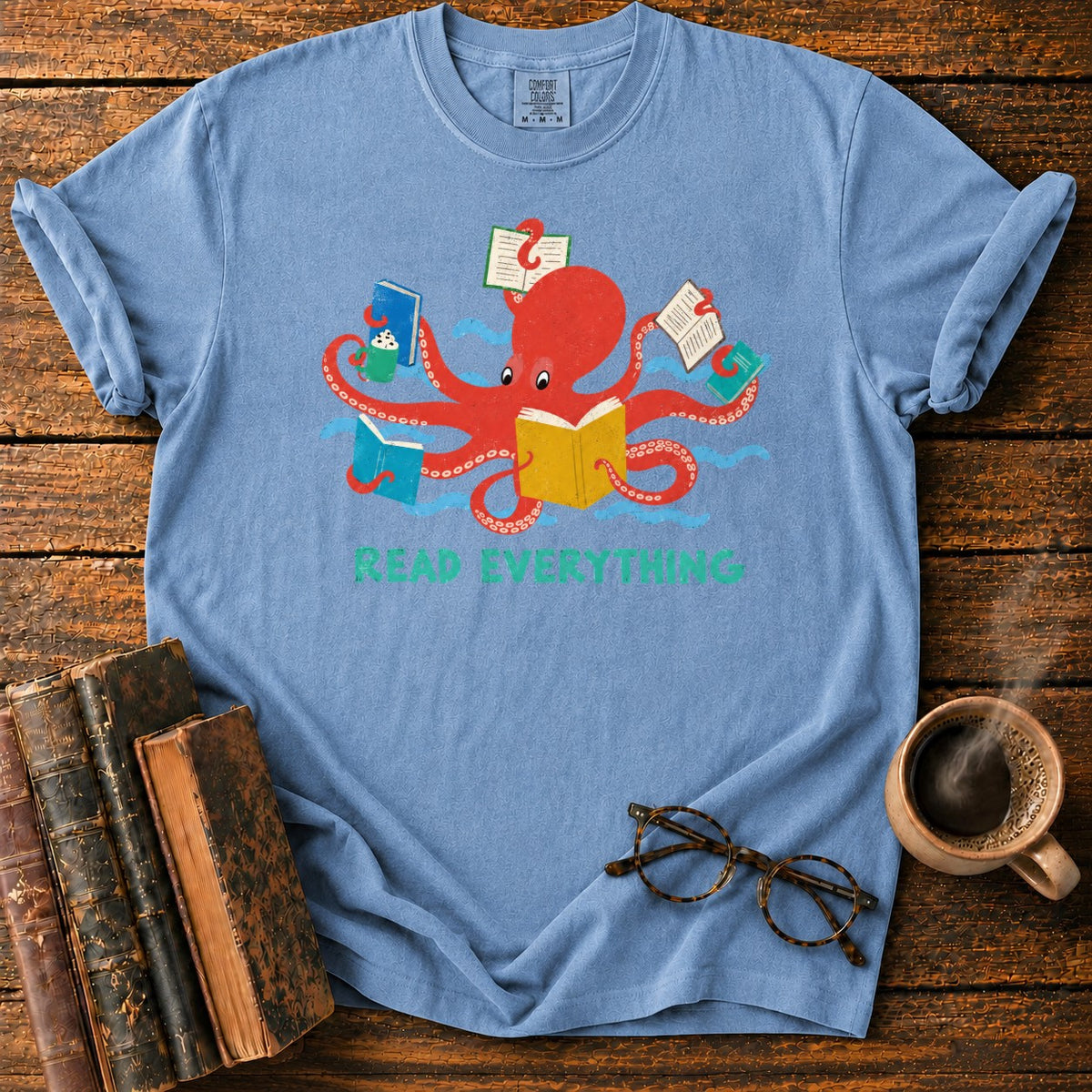 Red Octopus Reading With Books And Coffee T-Shirt in Blue Jean – BooksThreads