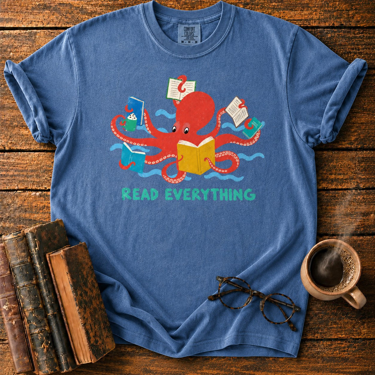 Red Octopus Reading With Books And Coffee T-Shirt in Denim – BooksThreads