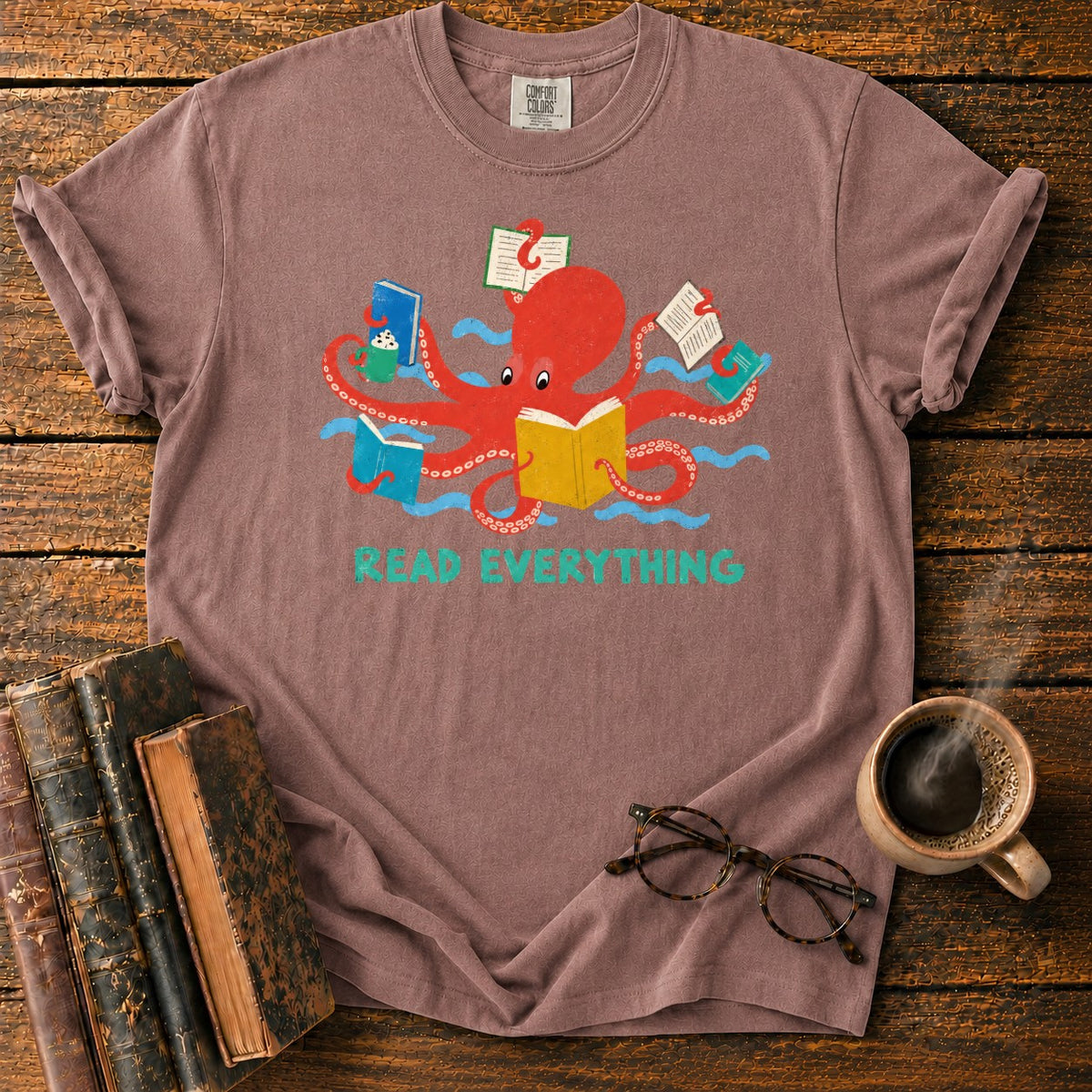 Red Octopus Reading With Books And Coffee T-Shirt in Espresso – BooksThreads
