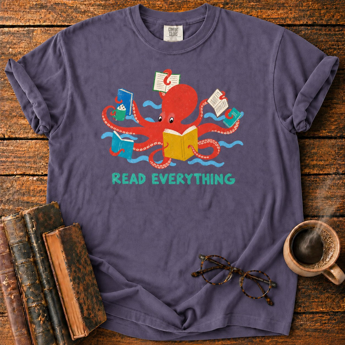 Red Octopus Reading With Books And Coffee T-Shirt in Grape – BooksThreads