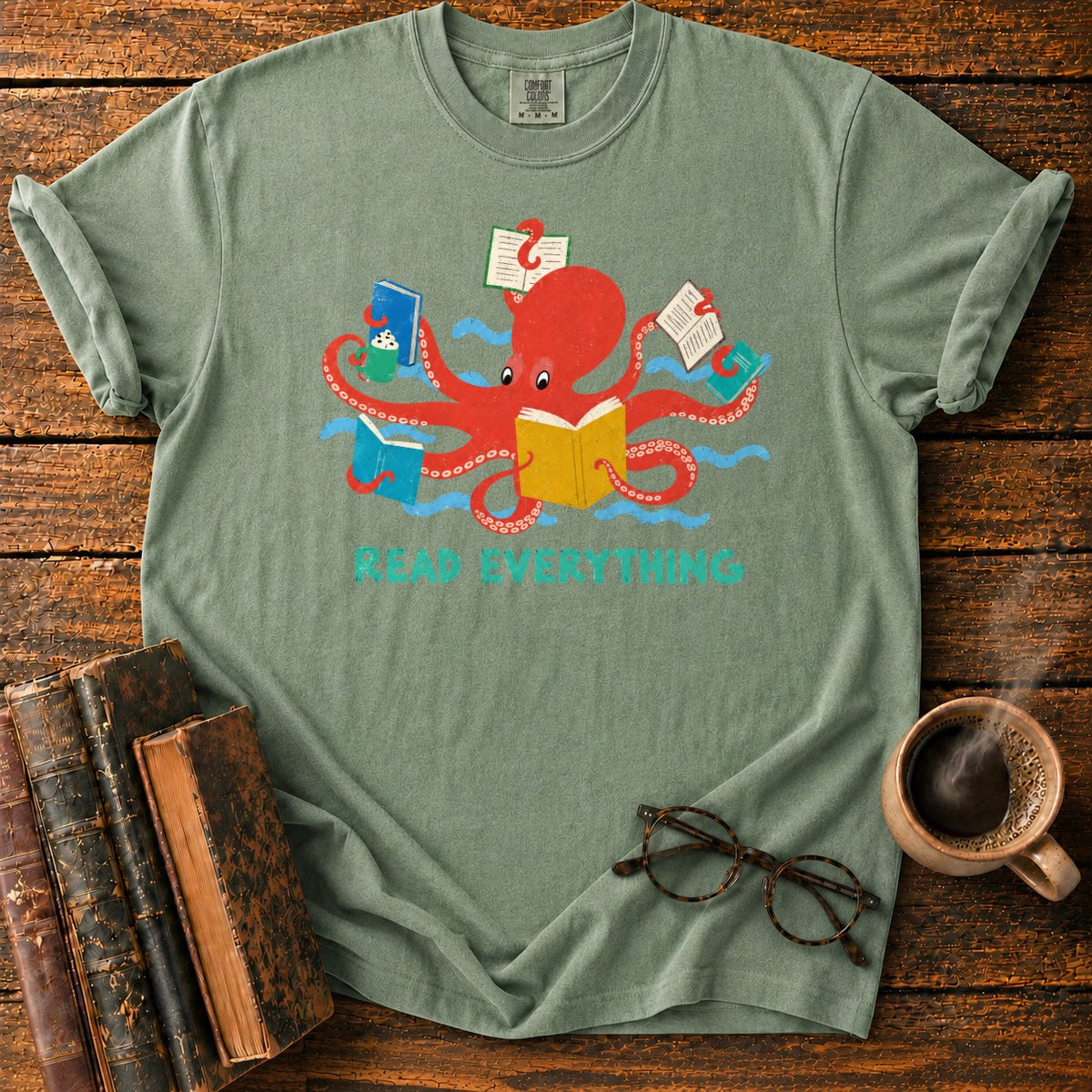 Red Octopus Reading With Books And Coffee T-Shirt in Moss – BooksThreads