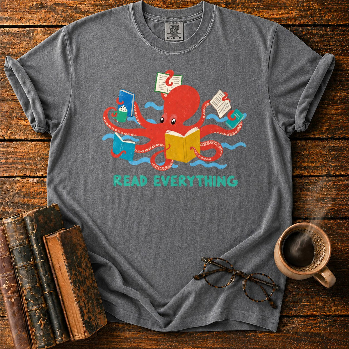 Red Octopus Reading With Books And Coffee T-Shirt in Pepper – BooksThreads