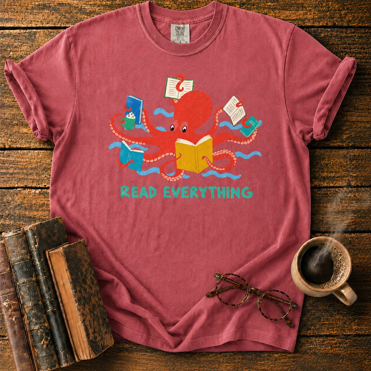 Red Octopus Reading With Books And Coffee T-Shirt in Watermelon – BooksThreads