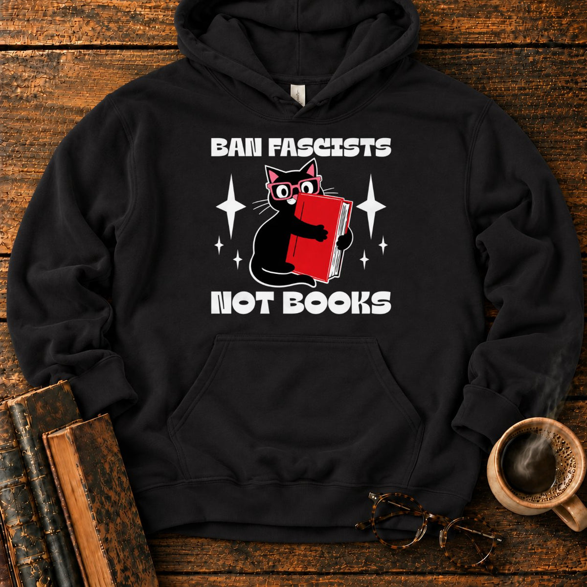 Retro Cat Hugging A Red Book Hoodie in Black – BooksThreads