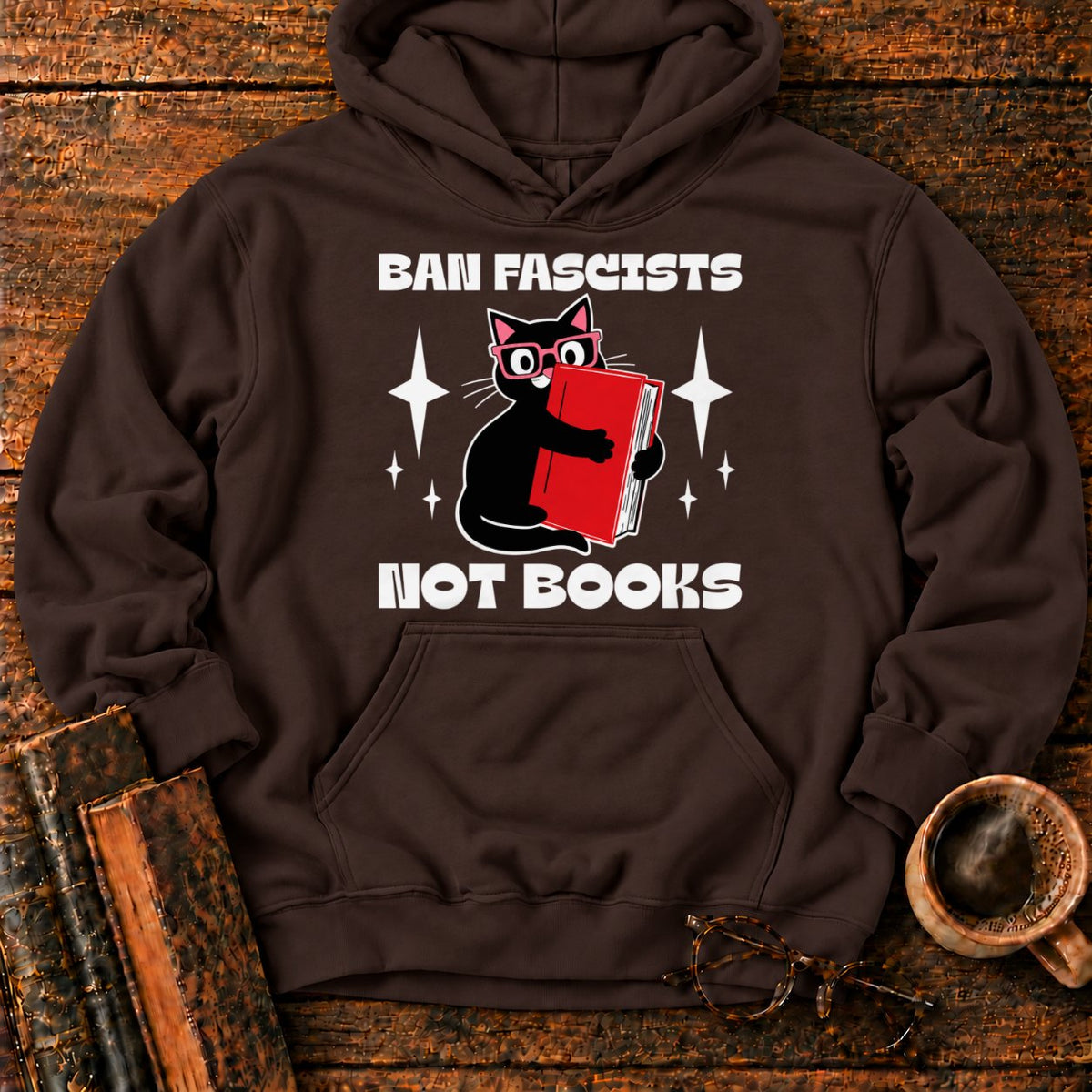 Retro Cat Hugging A Red Book Hoodie in Dark Chocolate – BooksThreads