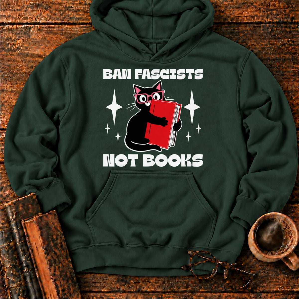 Retro Cat Hugging A Red Book Hoodie in Forest Green – BooksThreads