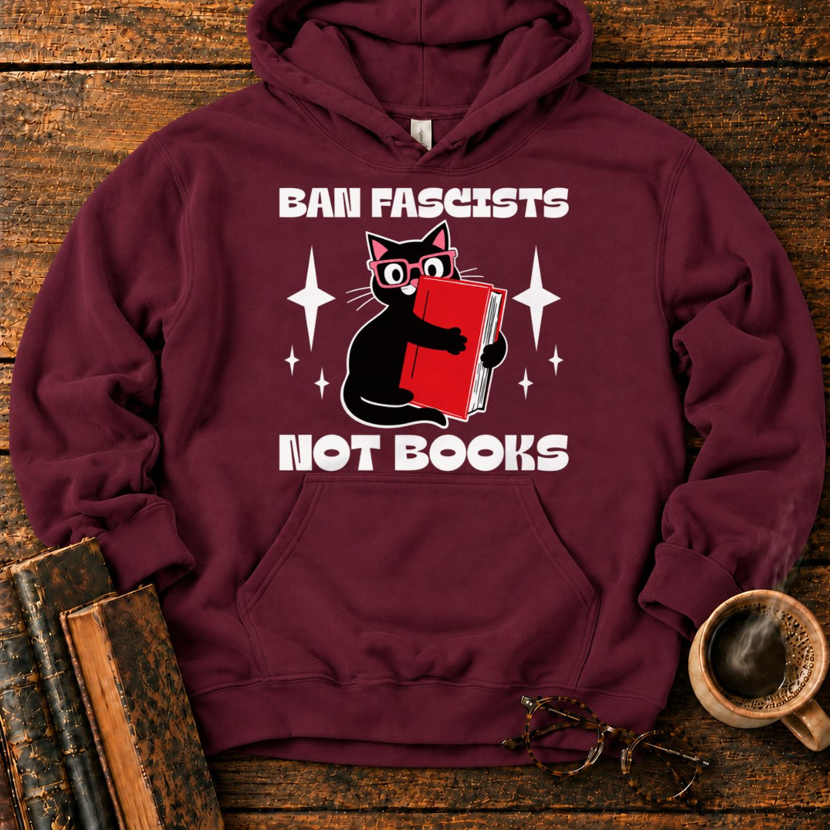 Retro Cat Hugging A Red Book Hoodie in Maroon – BooksThreads