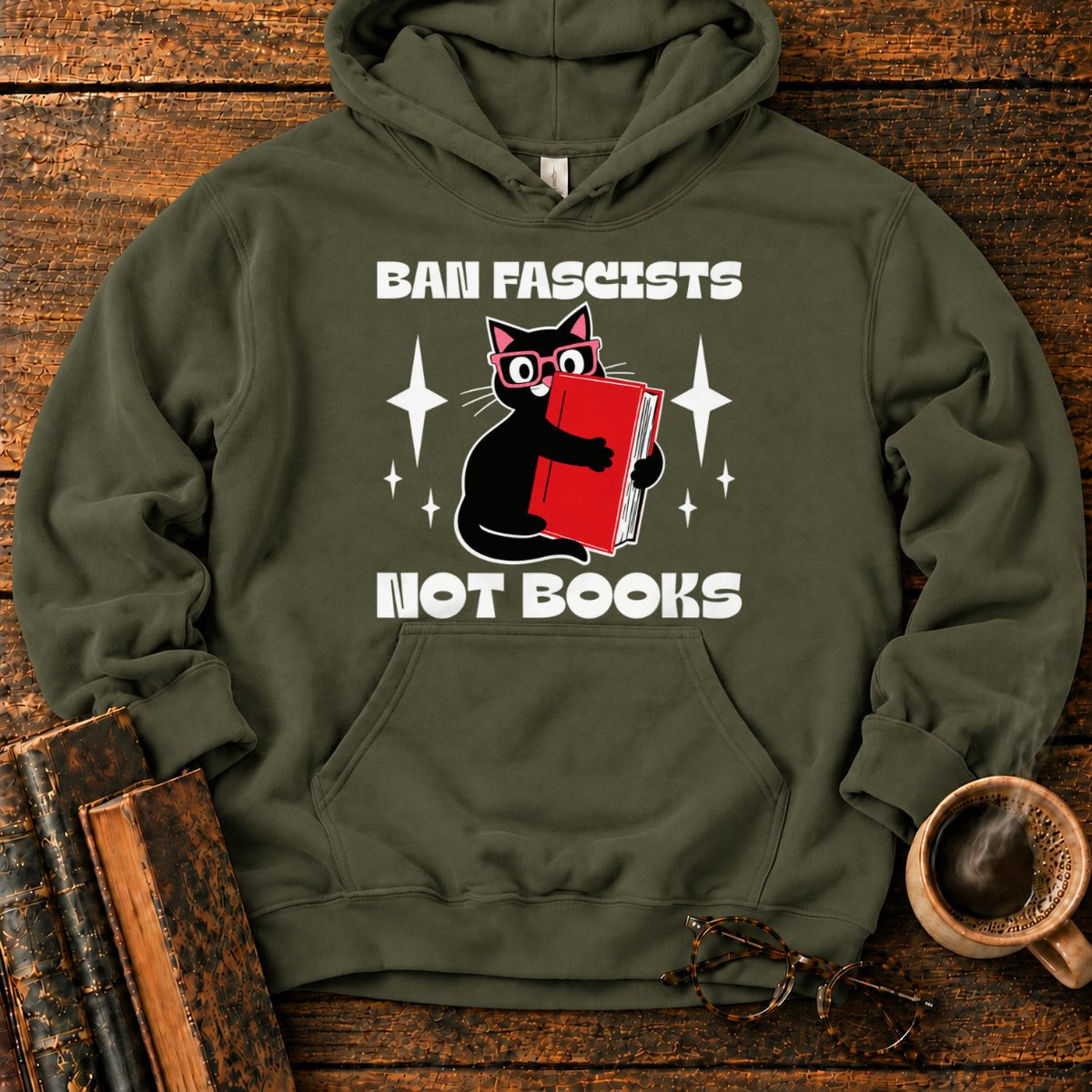 Retro Cat Hugging A Red Book Hoodie in Military Green – BooksThreads