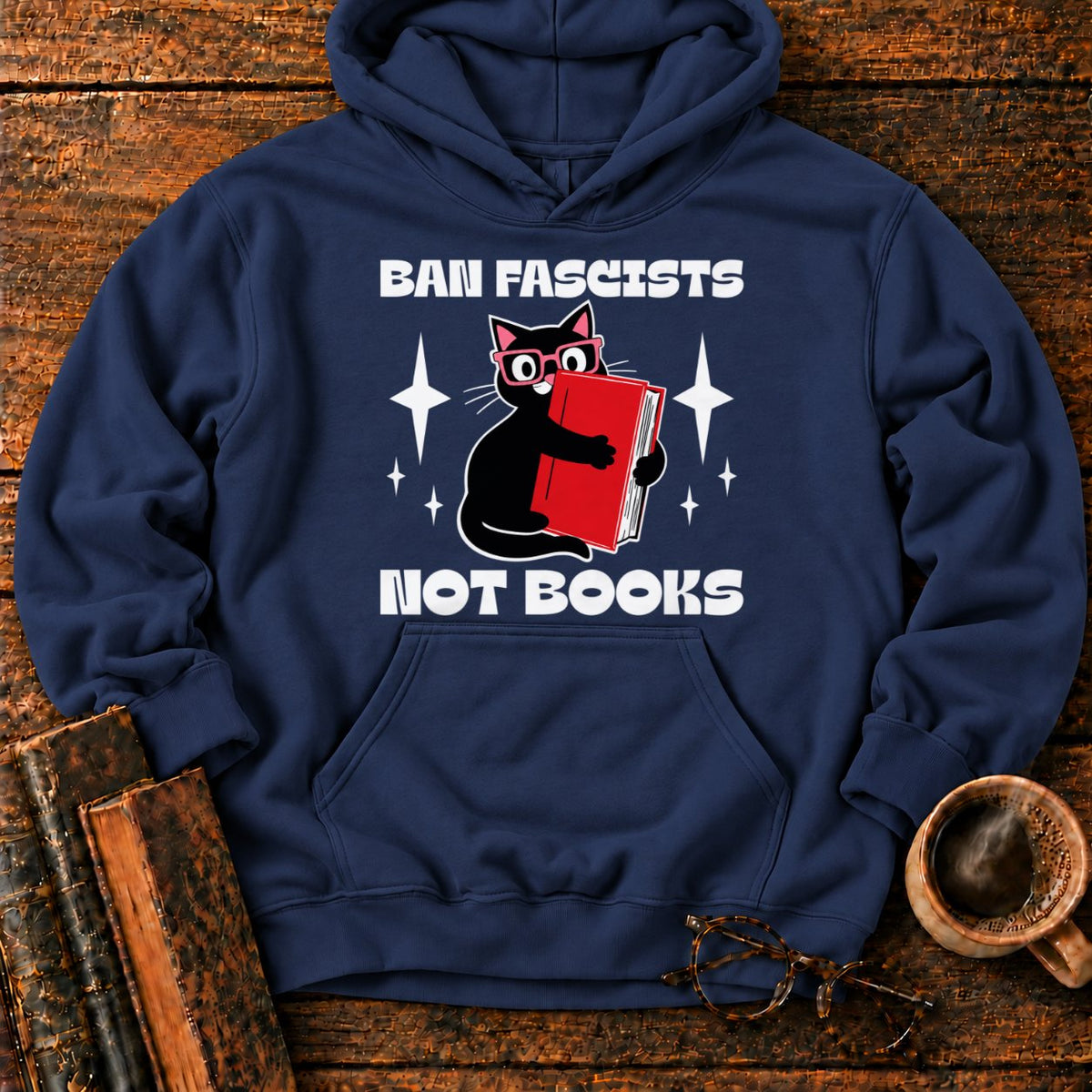 Retro Cat Hugging A Red Book Hoodie in Navy – BooksThreads