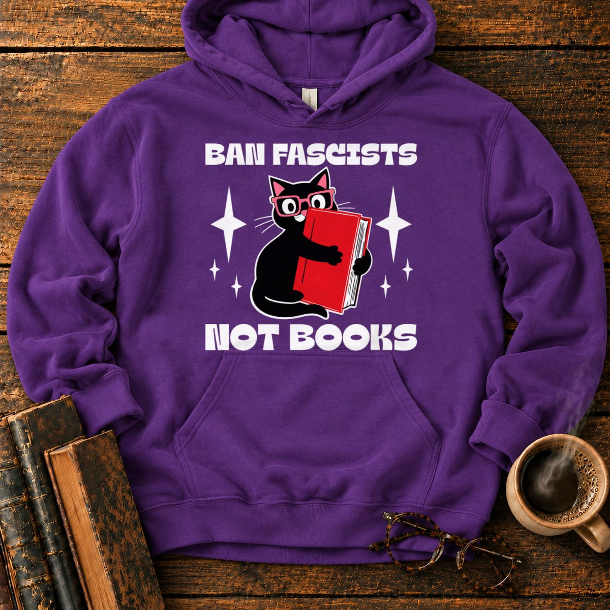 Retro Cat Hugging A Red Book Hoodie in Purple – BooksThreads