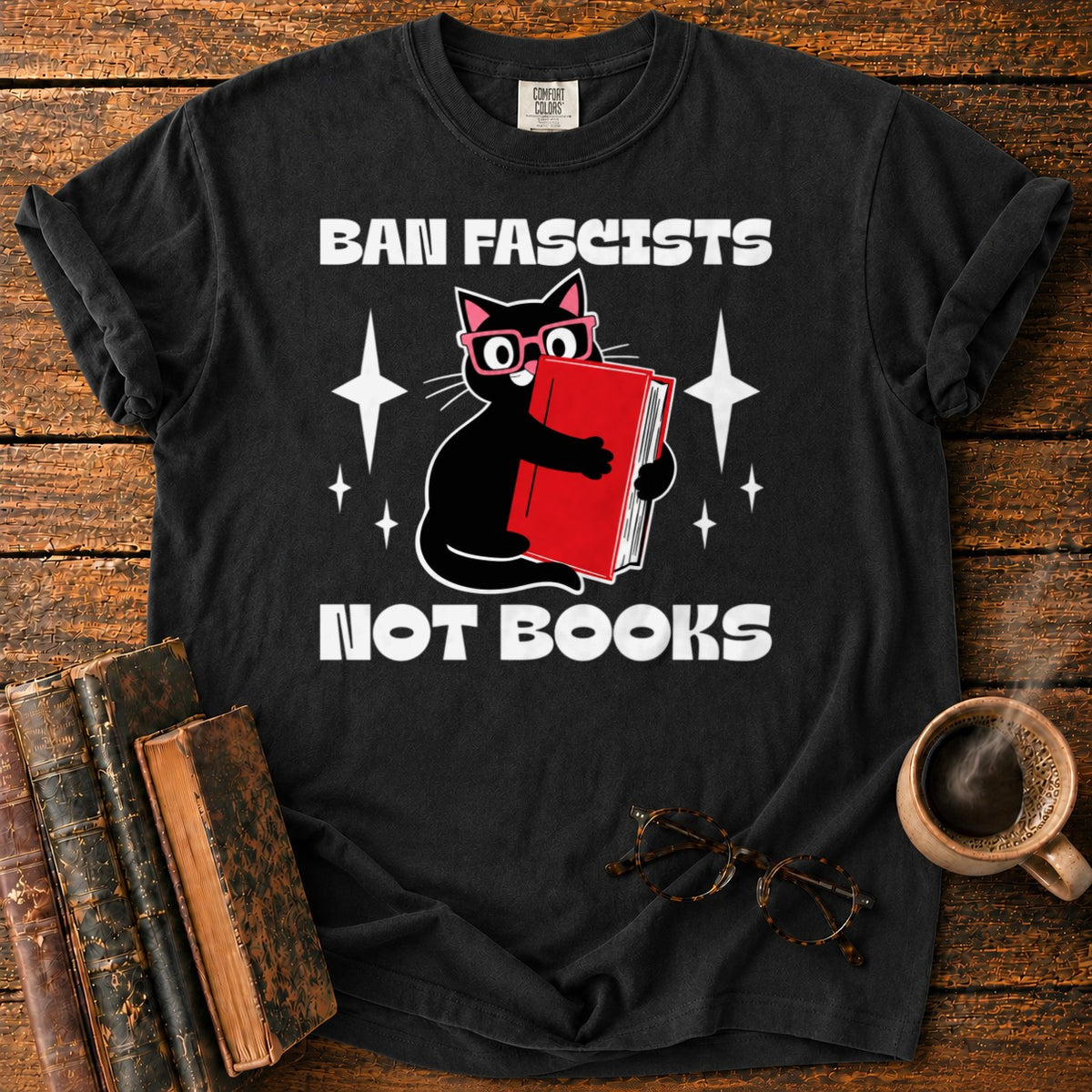 Retro Cat Hugging A Red Book T-Shirt in Black – BooksThreads