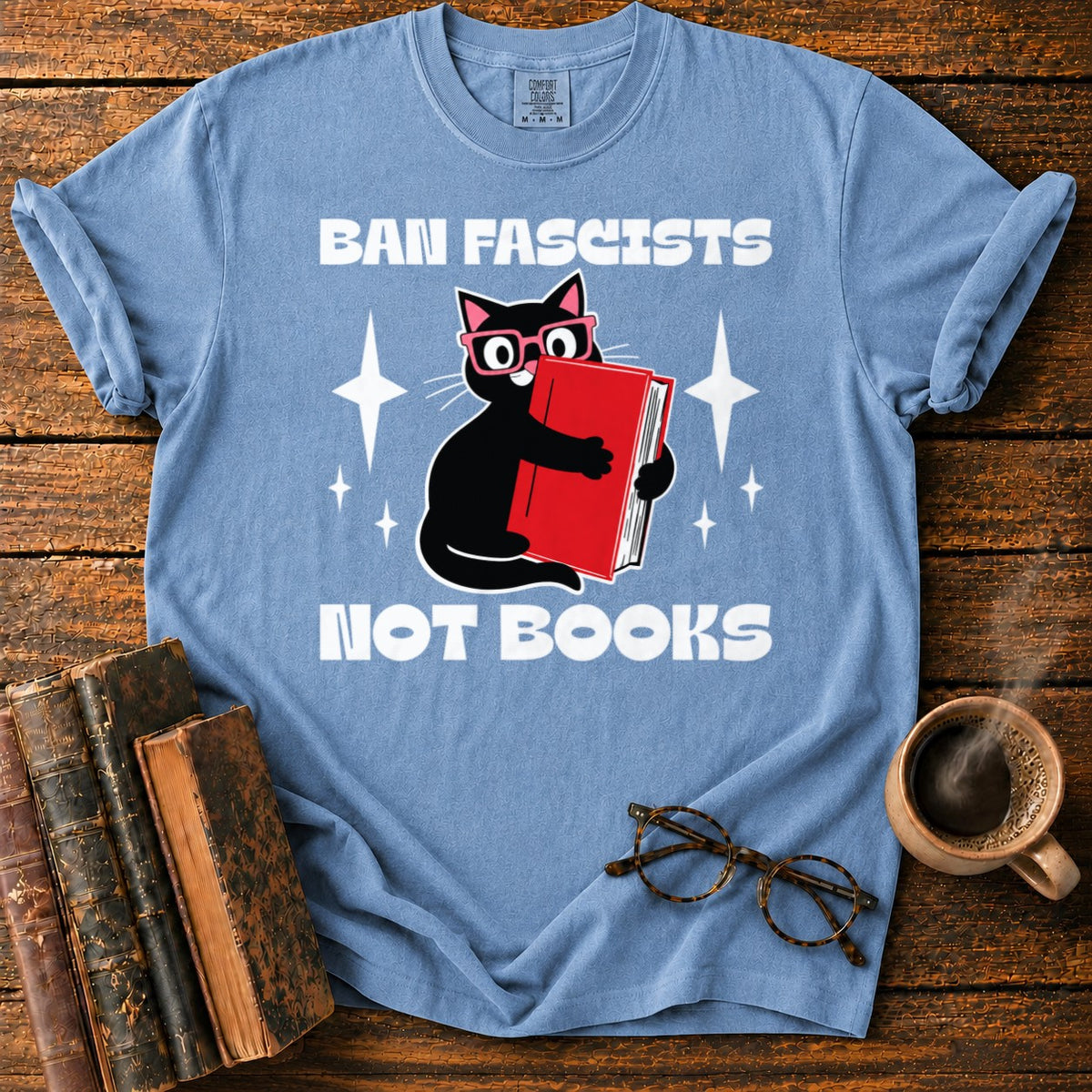Retro Cat Hugging A Red Book T-Shirt in Blue Jean – BooksThreads