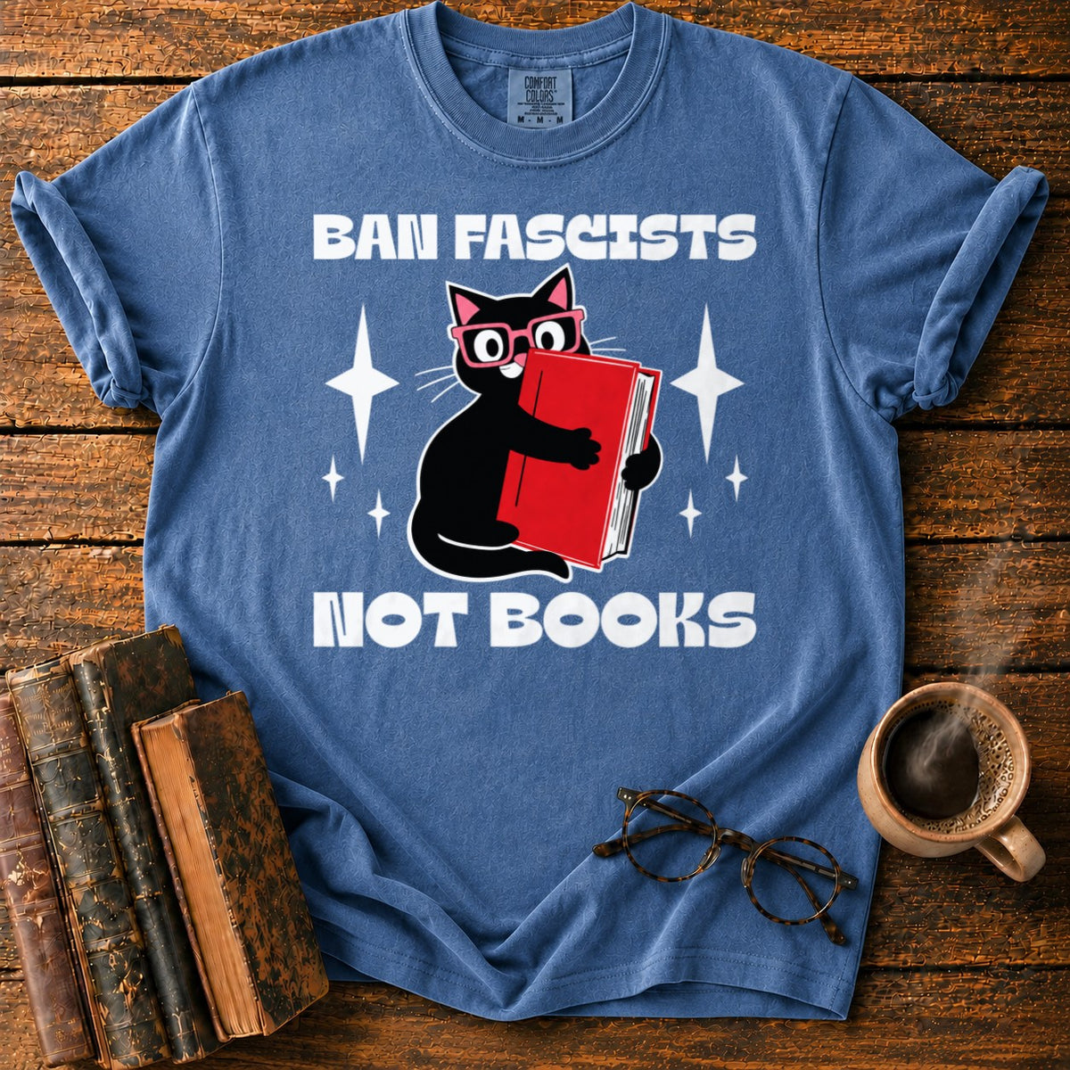 Retro Cat Hugging A Red Book T-Shirt in Denim – BooksThreads